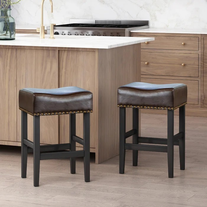 26" Backless Counter Stools, 2 Pcs Set, Brown Brown Leather