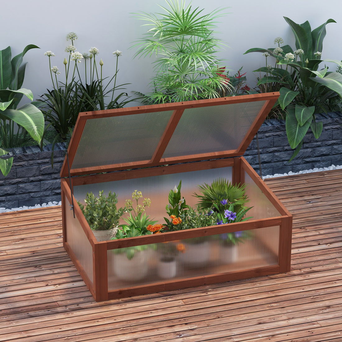 Outsunny Portable Wooden Garden Green House Cold Frame, Indoor Outdoor Terrarium Planter Box, 39" X 26" X 16" Brown Wood