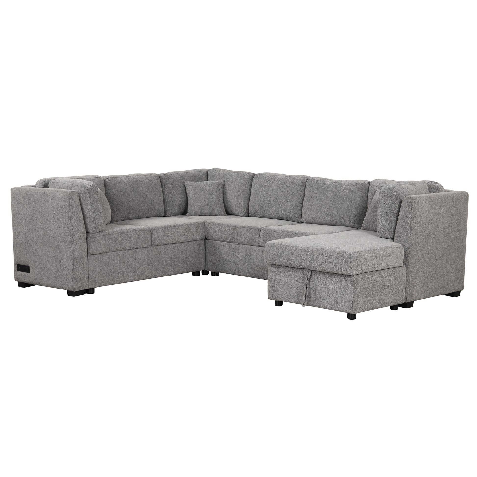 108.6" U Shaped Sectional Sofa Pull Out Sofa Bed With Two Usb Ports, Two Power Sockets, Three Back Pillows And A Storage Chaise For Living Room, Light Gray Light Gray Foam Chenille 5 Seat