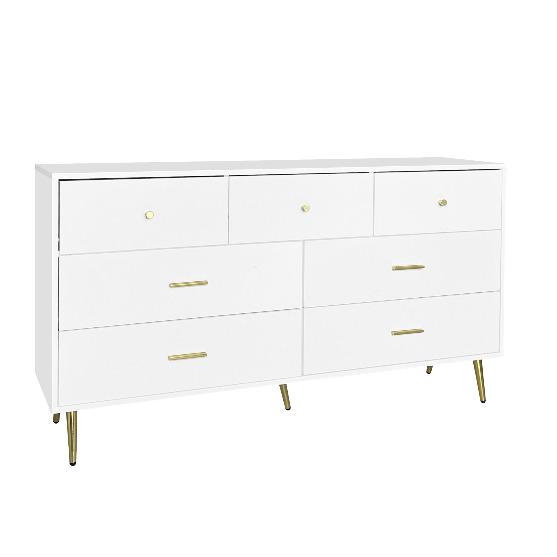 Seven Drawers Large Chest Of Drawer Cabinet With Golden Handle And Golden Legs White Color Matte White Particle Board