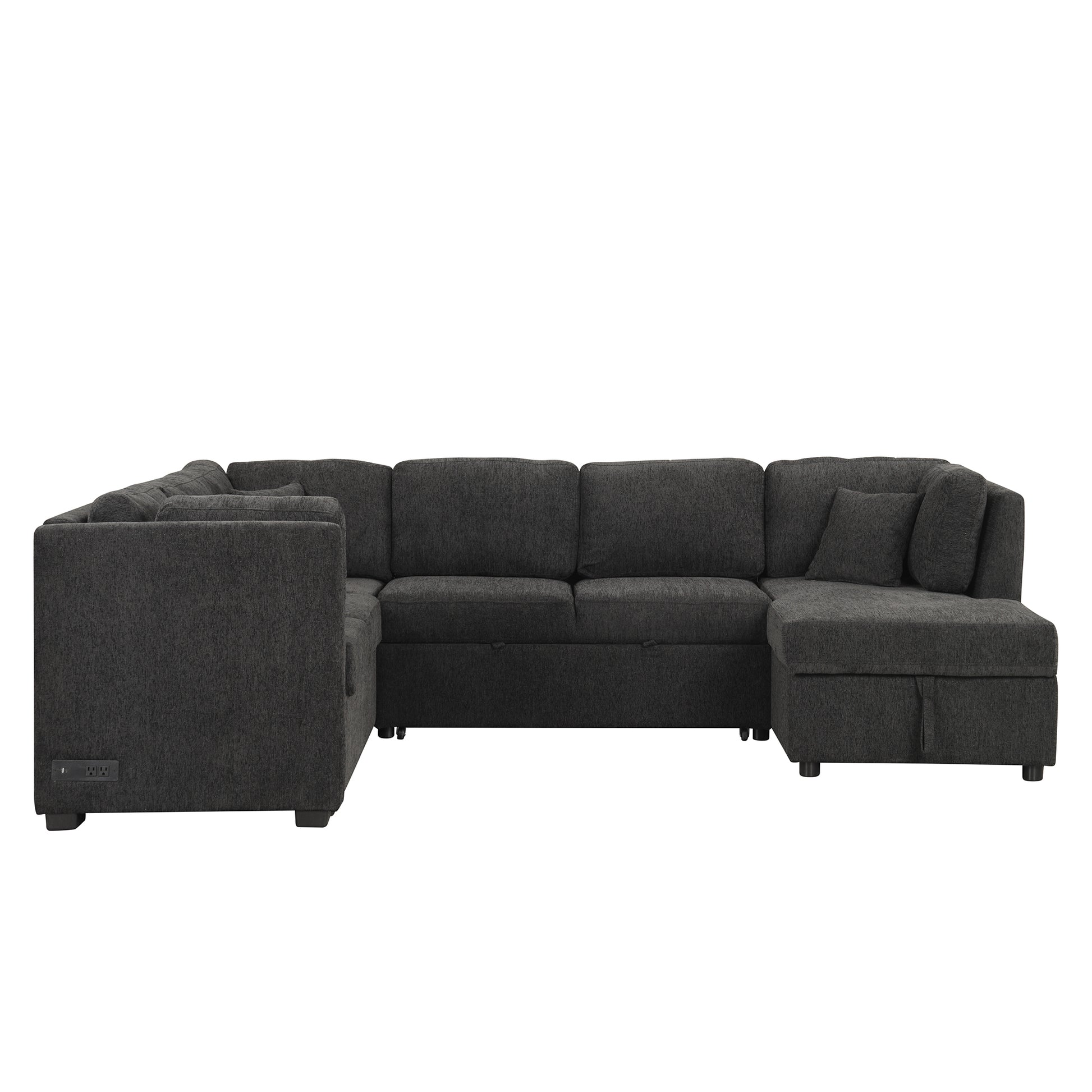 108.6" U Shaped Sectional Sofa Pull Out Sofa Bed With Two Usb Ports, Two Power Sockets, Three Back Pillows And A Storage Chaise For Living Room, Black Black Foam Chenille 5 Seat