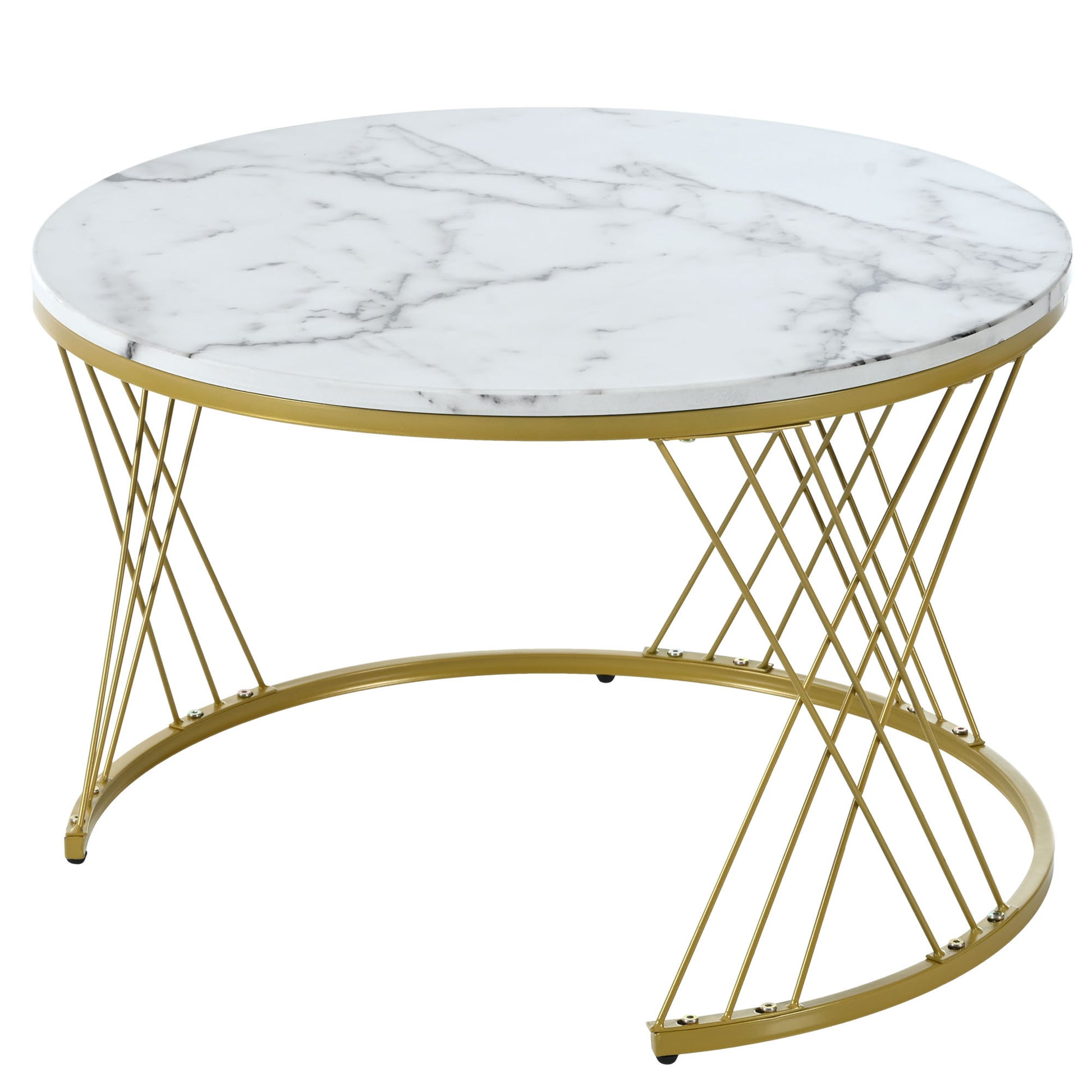 27.5'' & 17.7'' Nesting Coffee Table With Marble Grain Table Top, Golden Iron Frame Round Coffee Table, Set Of 2, For Living Room, Balcony, White White Gold Primary Living Space Mdf Iron