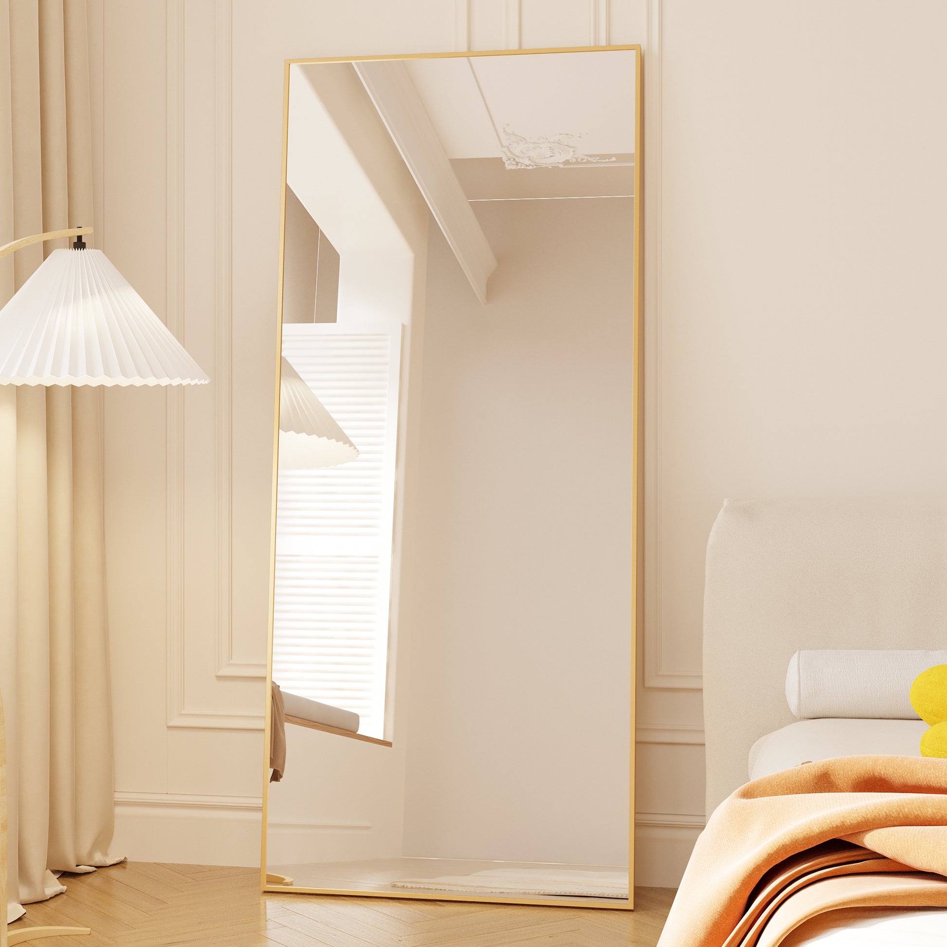 Tempered Mirror 71" X 32" Tall Full Length Mirror With Stand, Gold Wall Mounting Full Body Mirror, Metal Frame Full Length Mirror For Living Room, Bedroom Gold Glass