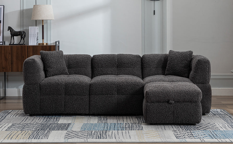 87.7" Sectional Sofa Cozy Teddy Fleece Fabric Sectional Sofa Couch With Two Usb Ports A Movable Storage Ottoman And Two Lumbar Pillows For Living Room, Gray Gray Foam Teddy 4 Seat