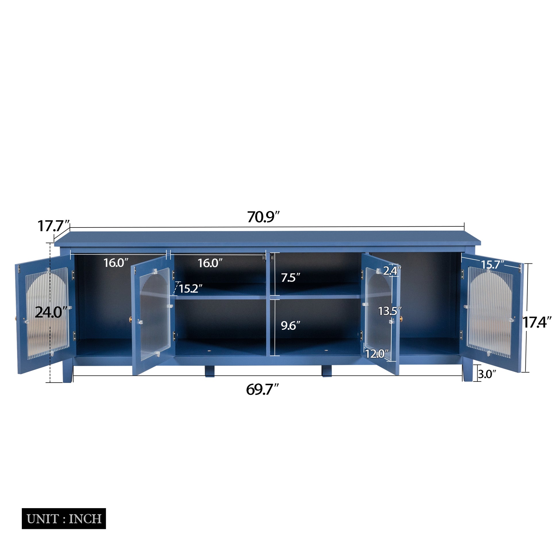 71 Inch Stylishtvcabinet Entertainment Centertv Stand,Tvconsoletable, Media Console,Solidwood Frame,Changhong Glass Door,Metal Handle,Antique Blue,For The Children'S Room,Bedroom Living Room Antique Blue Primary Living Space 70 79 Inches 70 79 Inches