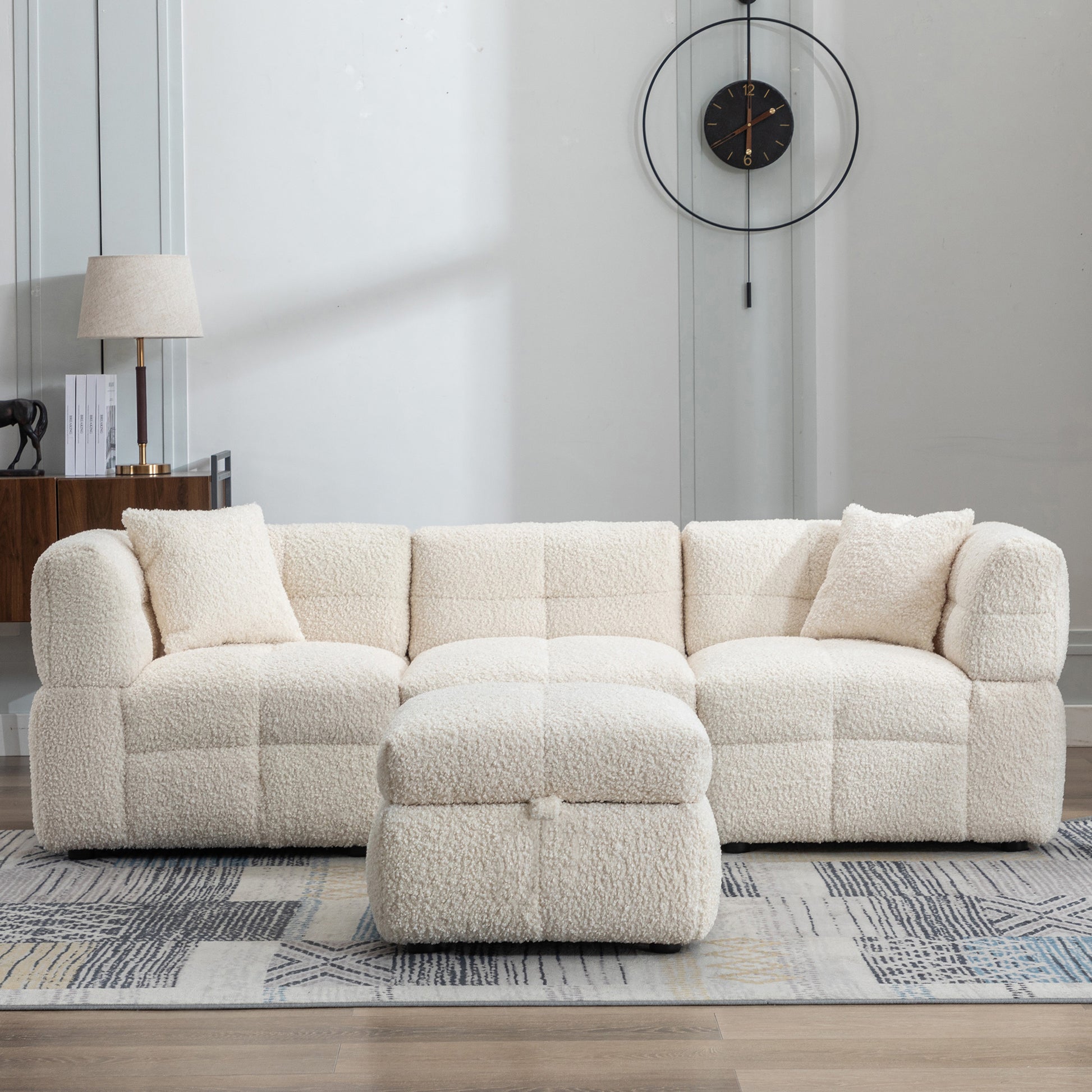 87.7" Sectional Sofa Cozy Teddy Fleece Fabric Sectional Sofa Couch With Two Usb Ports A Movable Storage Ottoman And Two Lumbar Pillows For Living Room, Creamy White Creamy White Foam Teddy