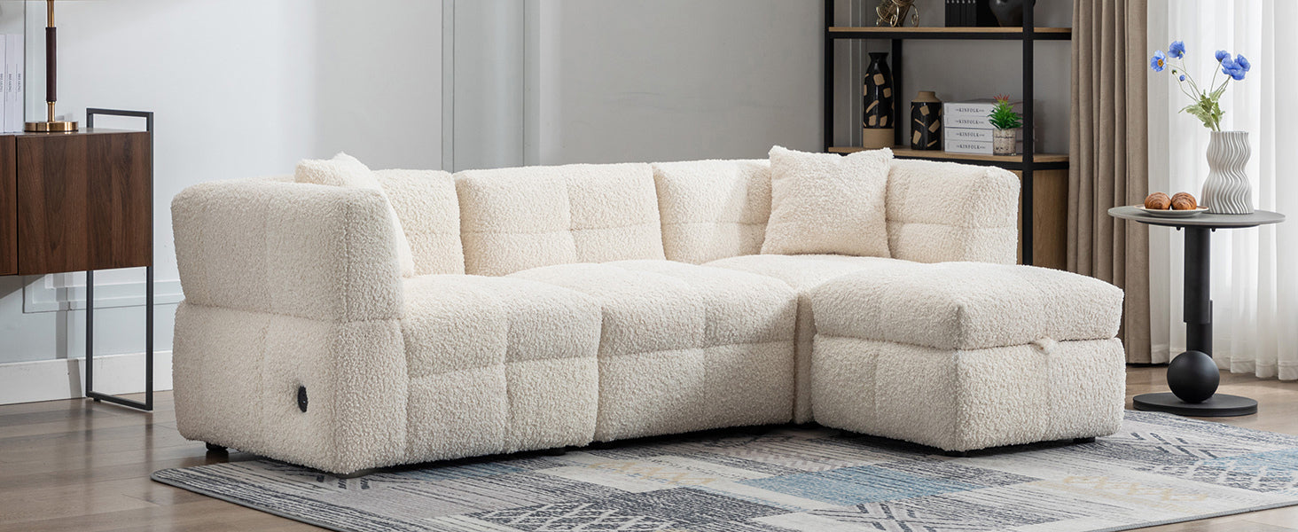 87.7" Sectional Sofa Cozy Teddy Fleece Fabric Sectional Sofa Couch With Two Usb Ports A Movable Storage Ottoman And Two Lumbar Pillows For Living Room, Creamy White Creamy White Foam Teddy