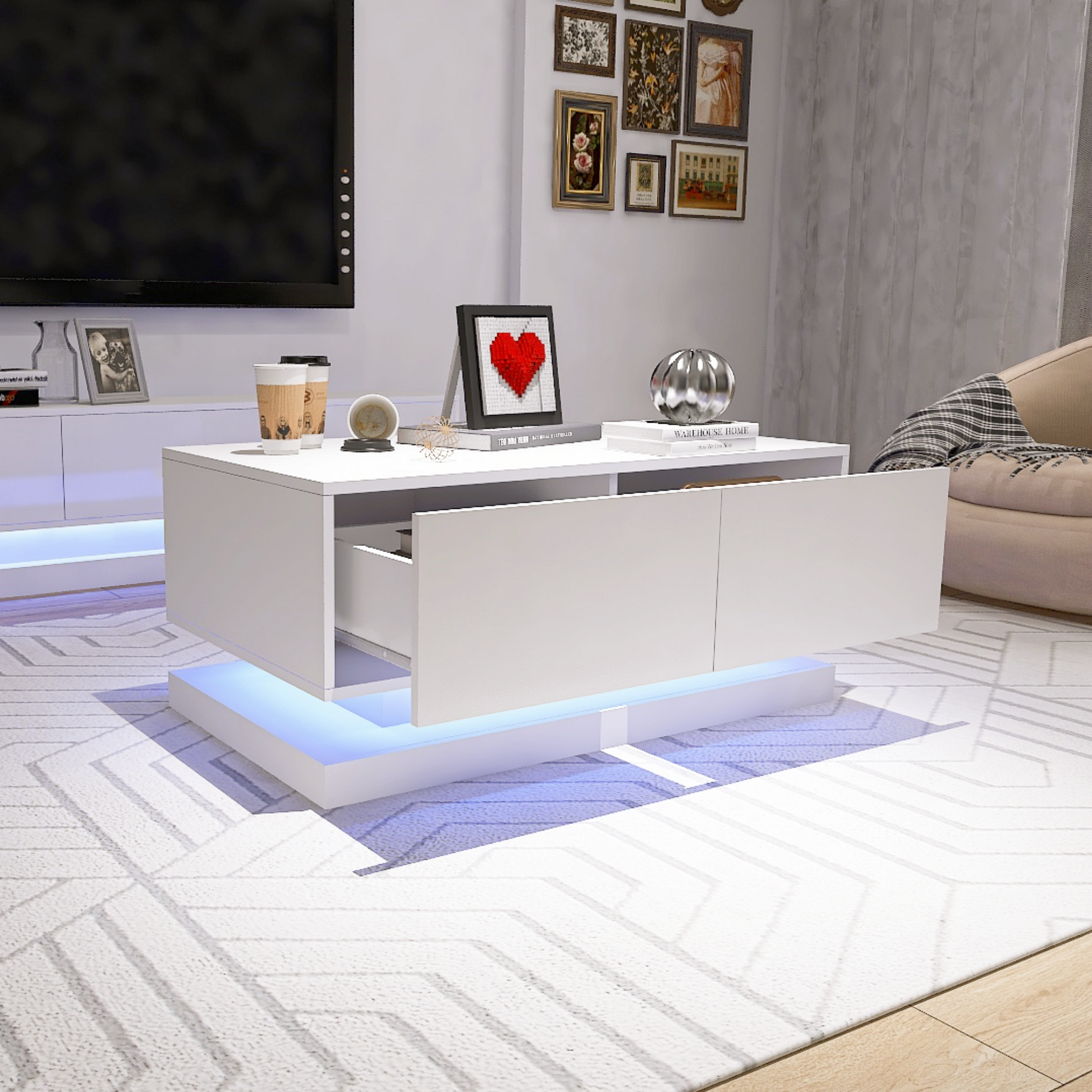 High Glossy Coffee Table With 2 Drawers Have Rgb Led Light With Buletooth Control White White Primary Living Space Rosewood Square Drawers Coffee & End Tables Lacquered Particle Board