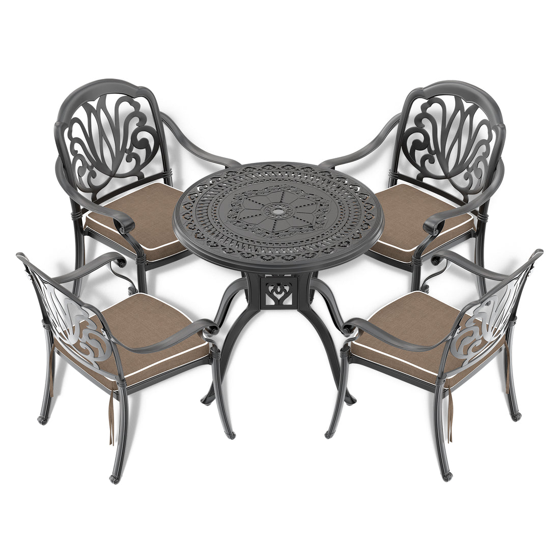Cushions In Random Colors 5 Piece Set Of Cast Aluminum Patio Furniture With Cushions Yes Dining Set Black Seats 4 Rust Resistant Frame Water Resistant Cushion Garden & Outdoor Complete Patio Sets
