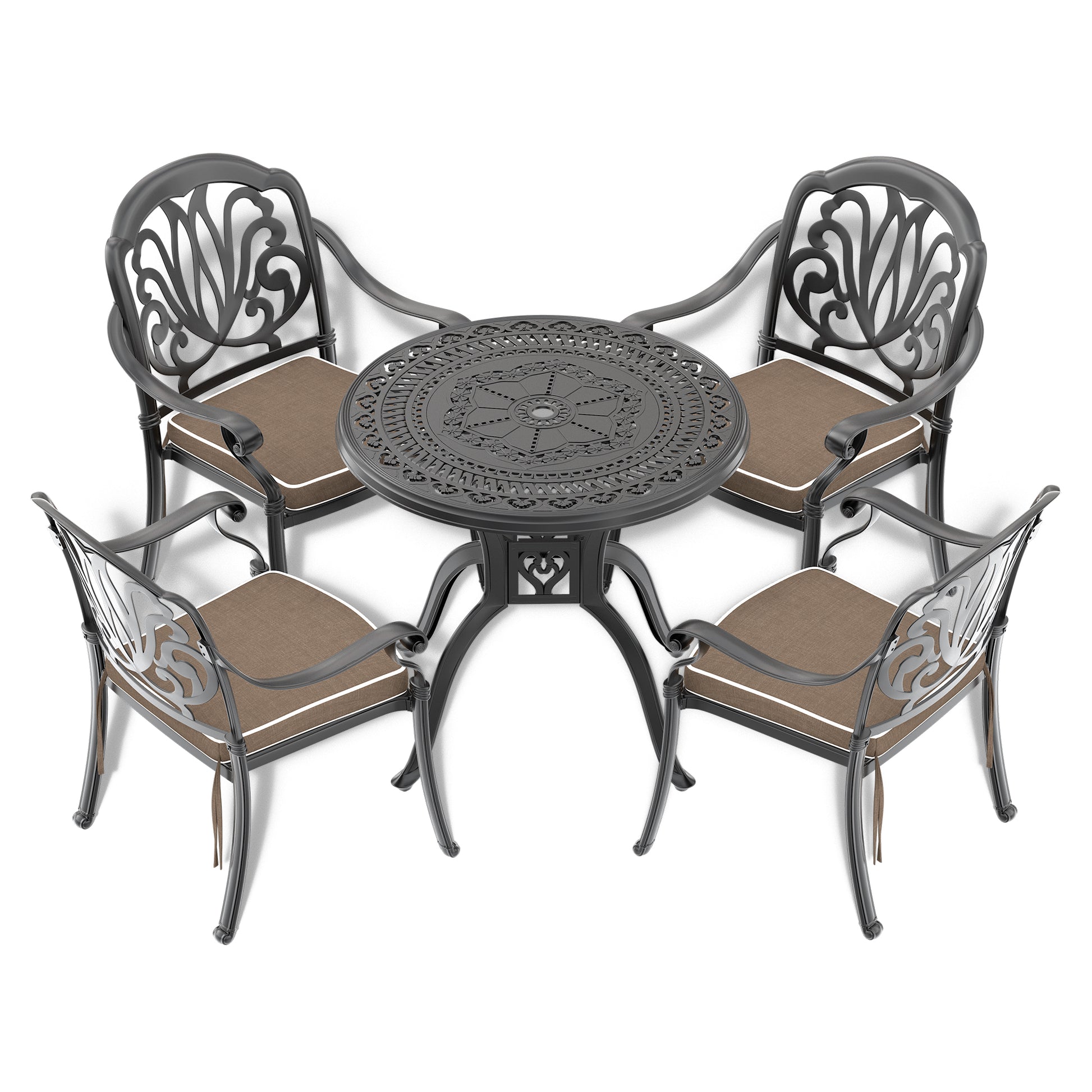 Cushions In Random Colors 5 Piece Set Of Cast Aluminum Patio Furniture With Cushions Yes Dining Set Black Seats 4 Rust Resistant Frame Water Resistant Cushion Garden & Outdoor Complete Patio Sets