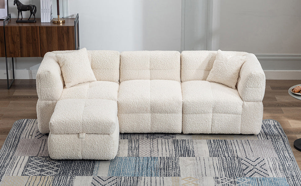 87.7" Sectional Sofa Cozy Teddy Fleece Fabric Sectional Sofa Couch With Two Usb Ports A Movable Storage Ottoman And Two Lumbar Pillows For Living Room, Creamy White Creamy White Foam Teddy