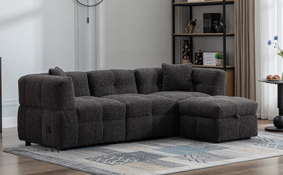 87.7" Sectional Sofa Cozy Teddy Fleece Fabric Sectional Sofa Couch With Two Usb Ports A Movable Storage Ottoman And Two Lumbar Pillows For Living Room, Gray Gray Foam Teddy 4 Seat