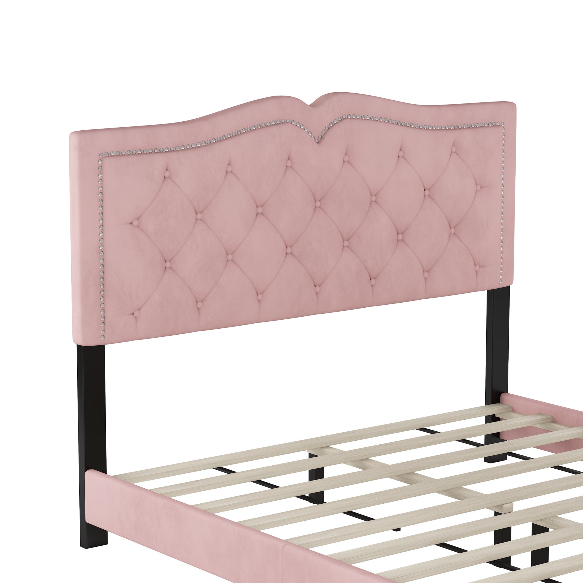 Queen Size Upholstered Bed Frame With Rivet Design, Modern Velvet Platform Bed With Tufted Headboard,Pink Pink Velvet