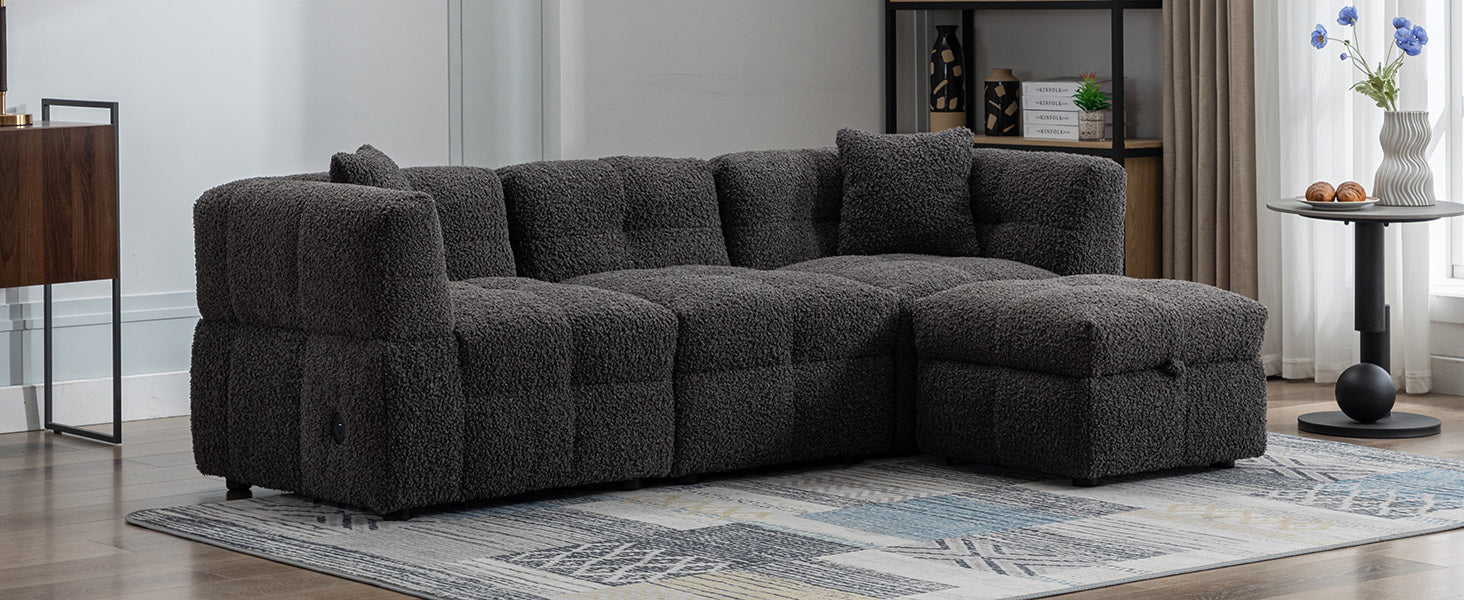 87.7" Sectional Sofa Cozy Teddy Fleece Fabric Sectional Sofa Couch With Two Usb Ports A Movable Storage Ottoman And Two Lumbar Pillows For Living Room, Gray Gray Foam Teddy 4 Seat