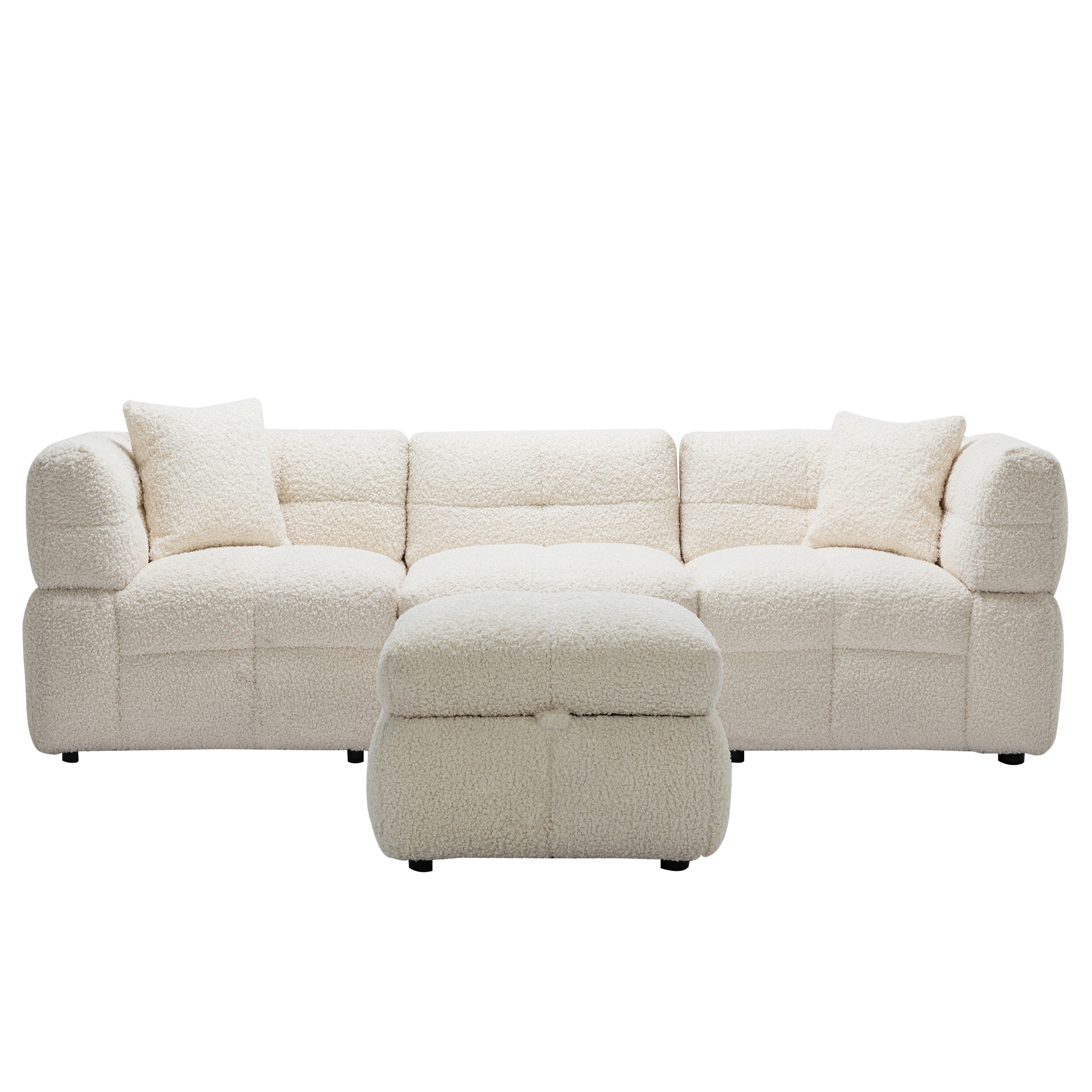 87.7" Sectional Sofa Cozy Teddy Fleece Fabric Sectional Sofa Couch With Two Usb Ports A Movable Storage Ottoman And Two Lumbar Pillows For Living Room, Creamy White Creamy White Foam Teddy