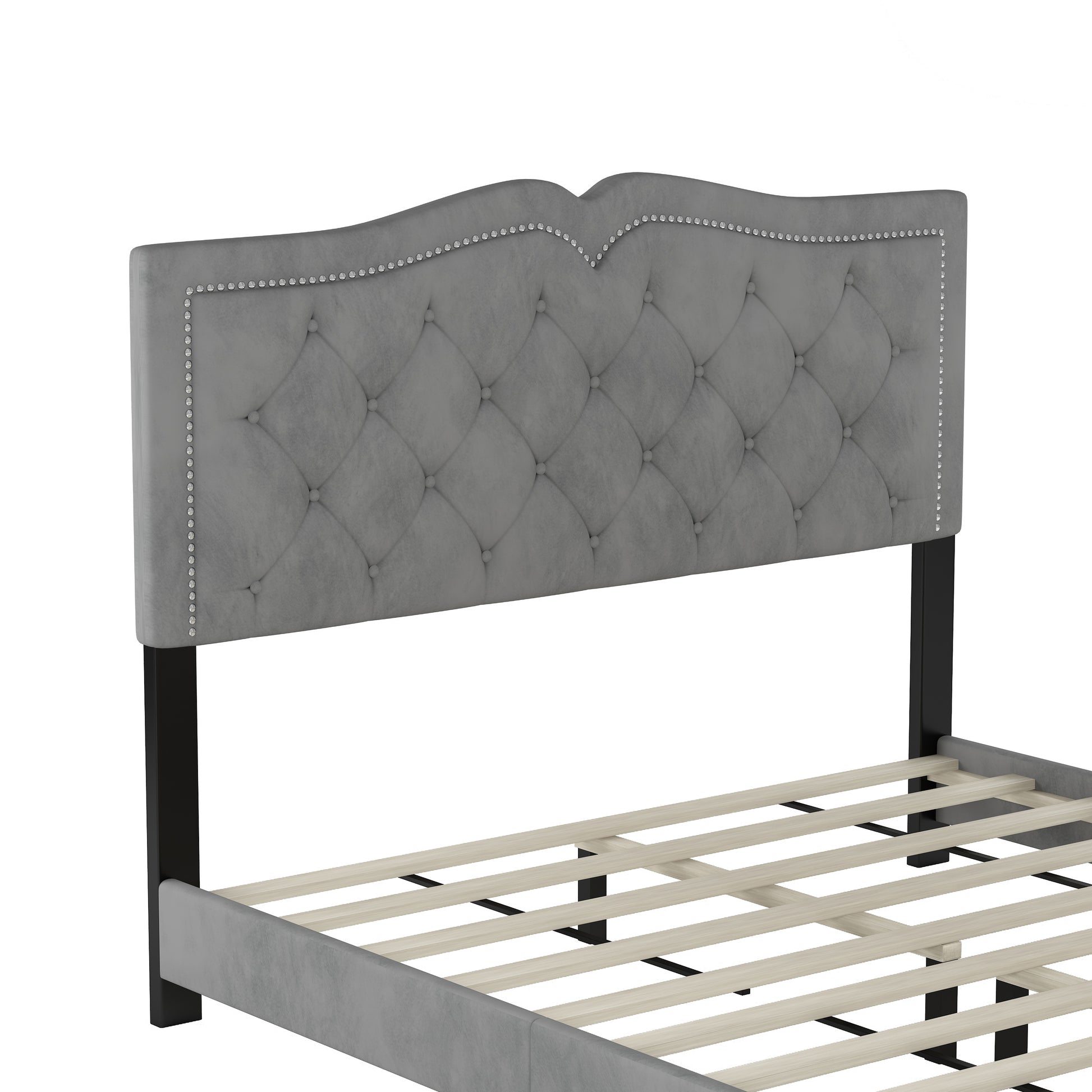 Queen Size Upholstered Bed Frame With Rivet Design, Modern Velvet Platform Bed With Tufted Headboard,Gray Gray Velvet