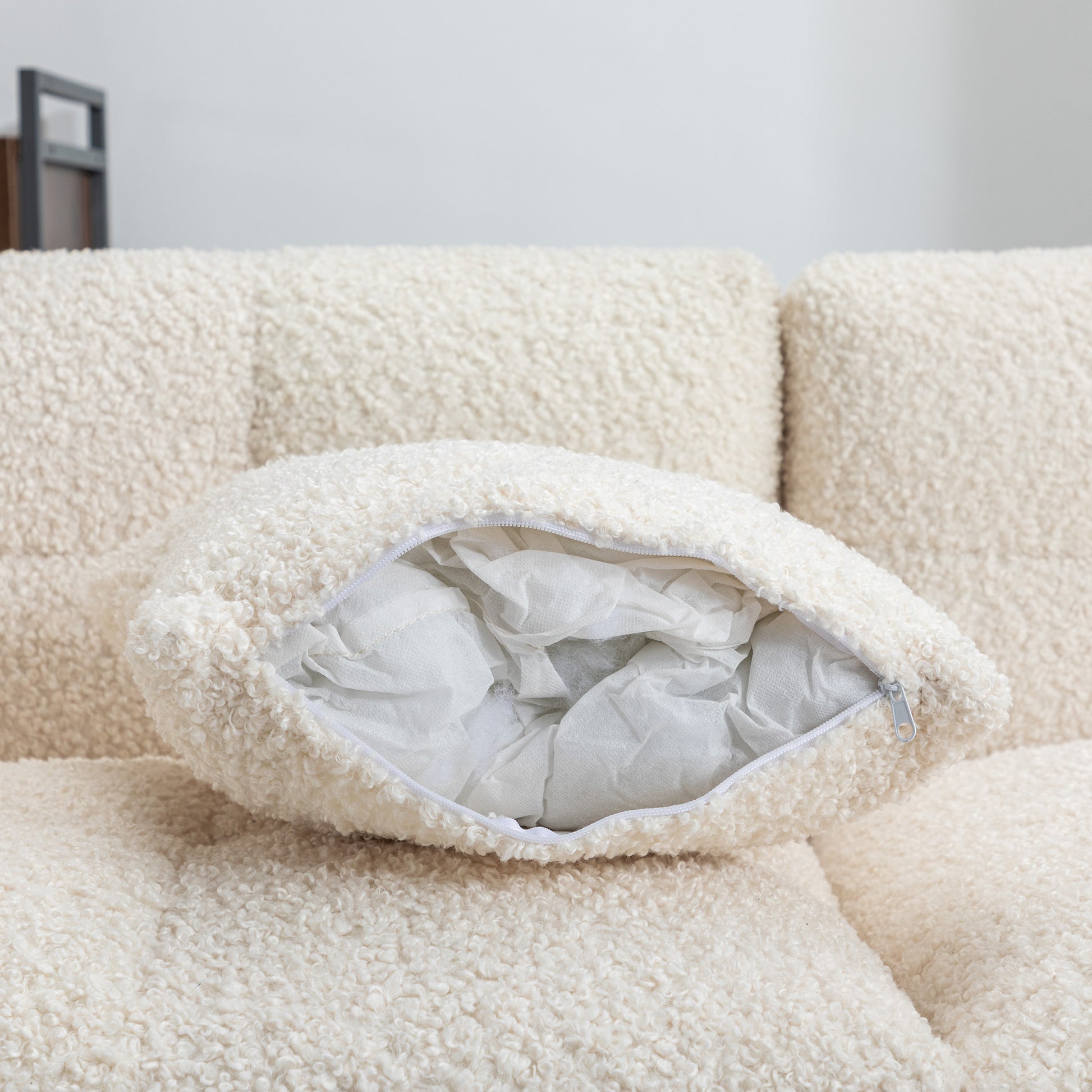 87.7" Sectional Sofa Cozy Teddy Fleece Fabric Sectional Sofa Couch With Two Usb Ports A Movable Storage Ottoman And Two Lumbar Pillows For Living Room, Creamy White Creamy White Foam Teddy