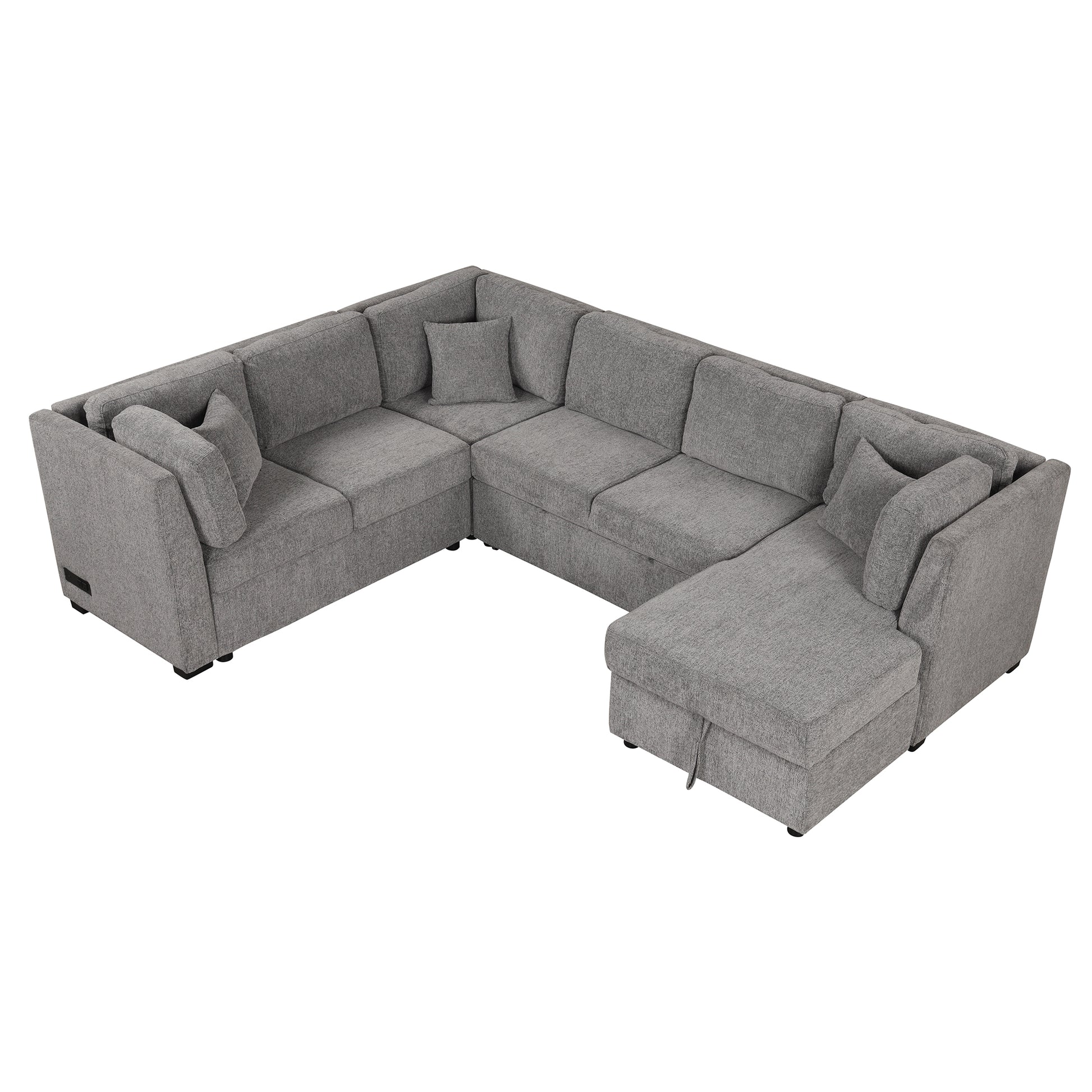 108.6" U Shaped Sectional Sofa Pull Out Sofa Bed With Two Usb Ports, Two Power Sockets, Three Back Pillows And A Storage Chaise For Living Room, Light Gray Light Gray Foam Chenille 5 Seat