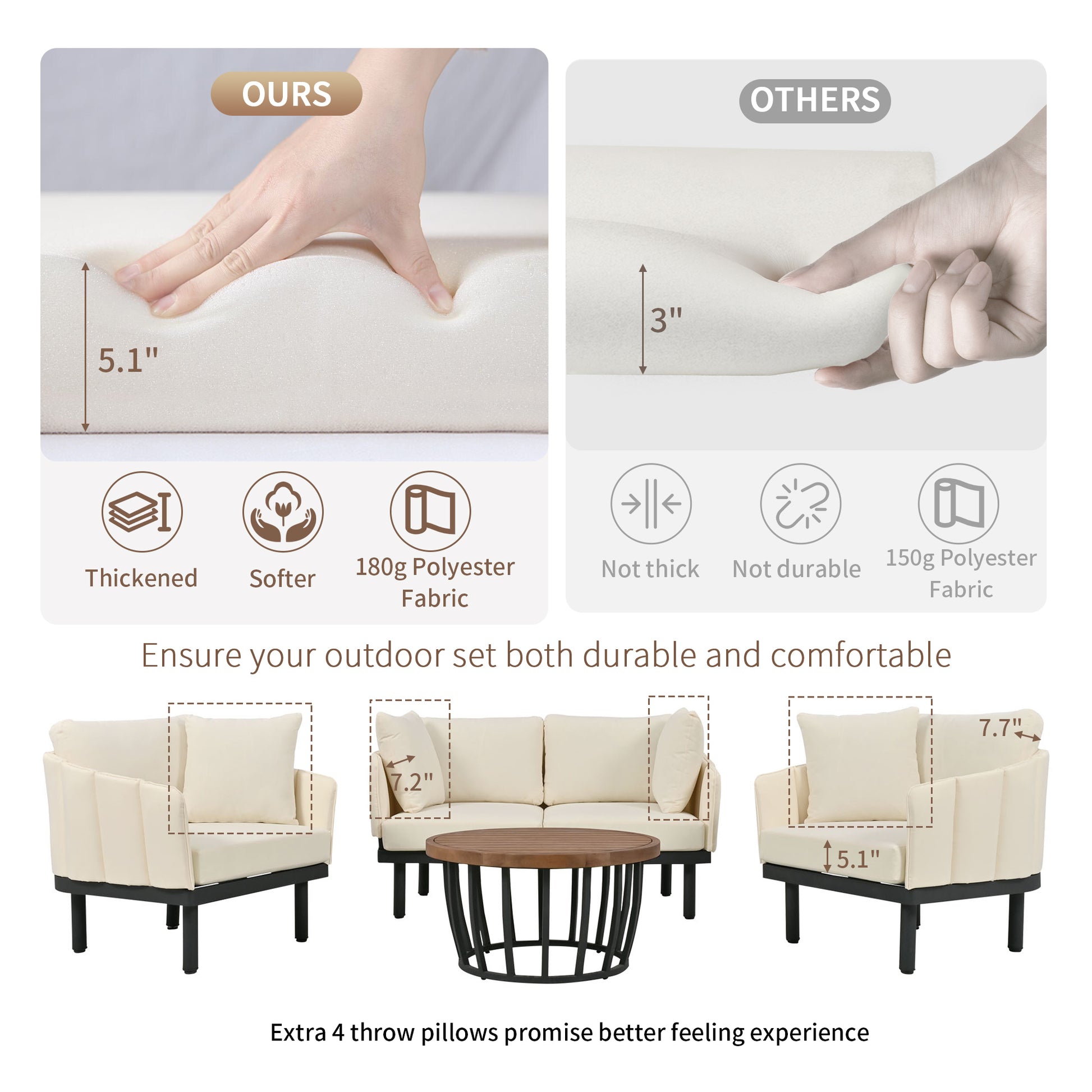 Luxury Modern 4 Piece Outdoor Iron Frame Conversation Set, Patio Chat Set With Acacia Wood Round Coffee Table For Backyard, Deck, Poolside, Indoor Use, Loveseat Arm Chairs, Beige Yes Sectional Beige Weather Resistant Frame Water Resistant Cushion Garden