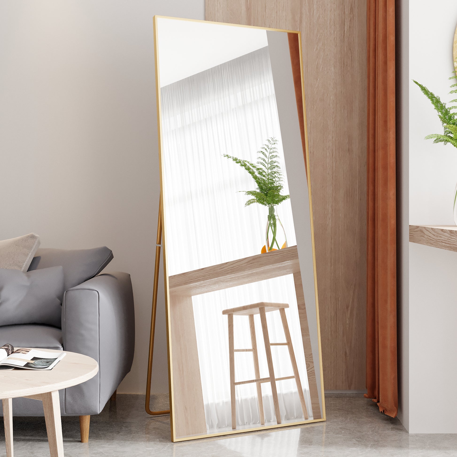 Tempered Mirror 71" X 32" Tall Full Length Mirror With Stand, Gold Wall Mounting Full Body Mirror, Metal Frame Full Length Mirror For Living Room, Bedroom Gold Glass
