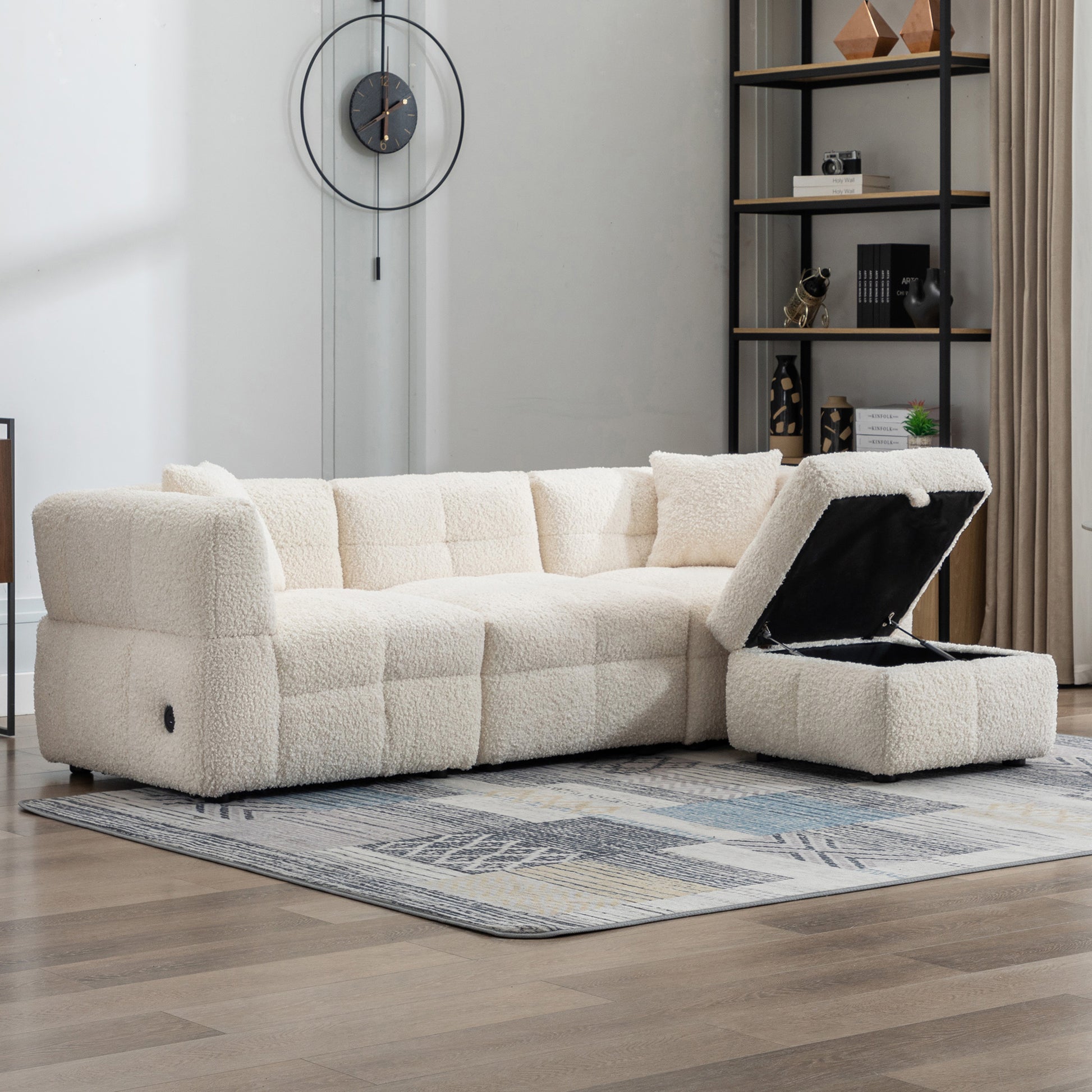 87.7" Sectional Sofa Cozy Teddy Fleece Fabric Sectional Sofa Couch With Two Usb Ports A Movable Storage Ottoman And Two Lumbar Pillows For Living Room, Creamy White Creamy White Foam Teddy