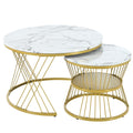 27.5'' & 17.7'' Nesting Coffee Table With Marble Grain Table Top, Golden Iron Frame Round Coffee Table, Set Of 2, For Living Room, Balcony, White White Gold Primary Living Space Mdf Iron