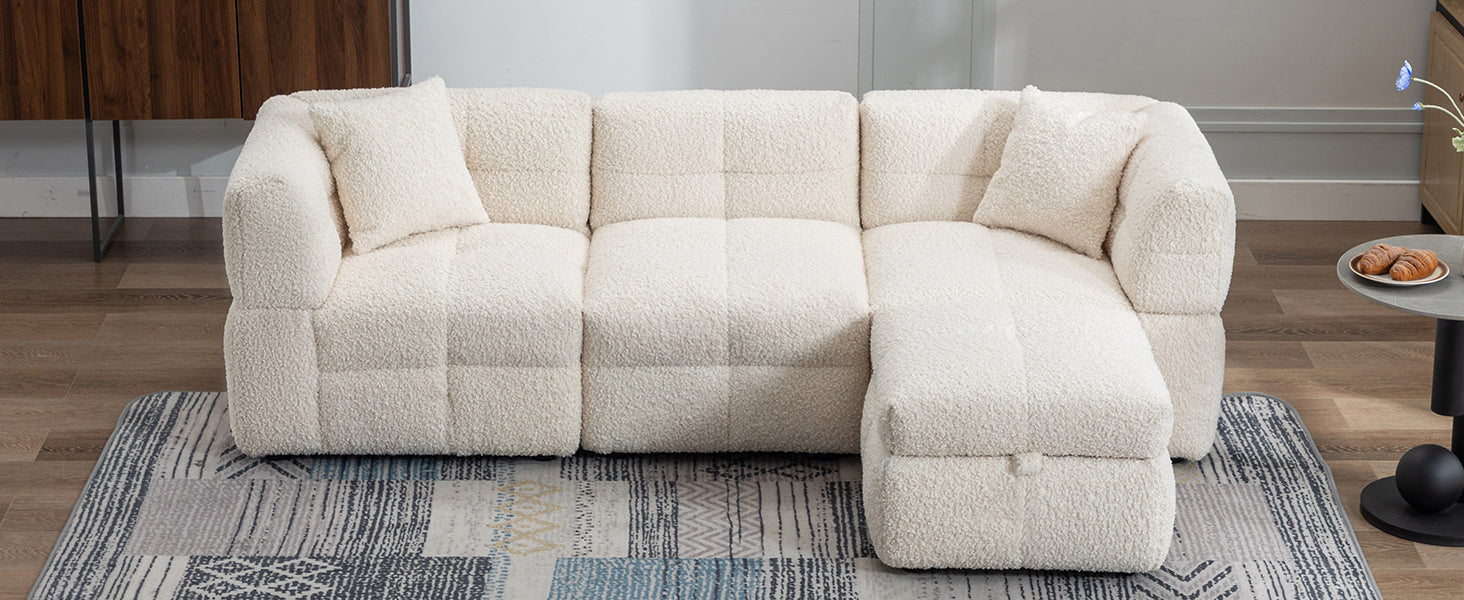 87.7" Sectional Sofa Cozy Teddy Fleece Fabric Sectional Sofa Couch With Two Usb Ports A Movable Storage Ottoman And Two Lumbar Pillows For Living Room, Creamy White Creamy White Foam Teddy