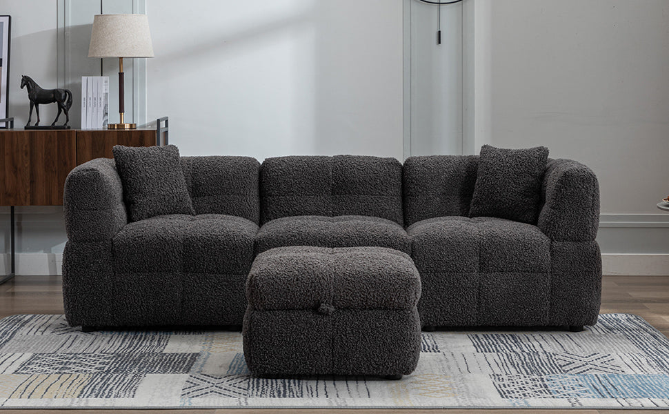 87.7" Sectional Sofa Cozy Teddy Fleece Fabric Sectional Sofa Couch With Two Usb Ports A Movable Storage Ottoman And Two Lumbar Pillows For Living Room, Gray Gray Foam Teddy 4 Seat