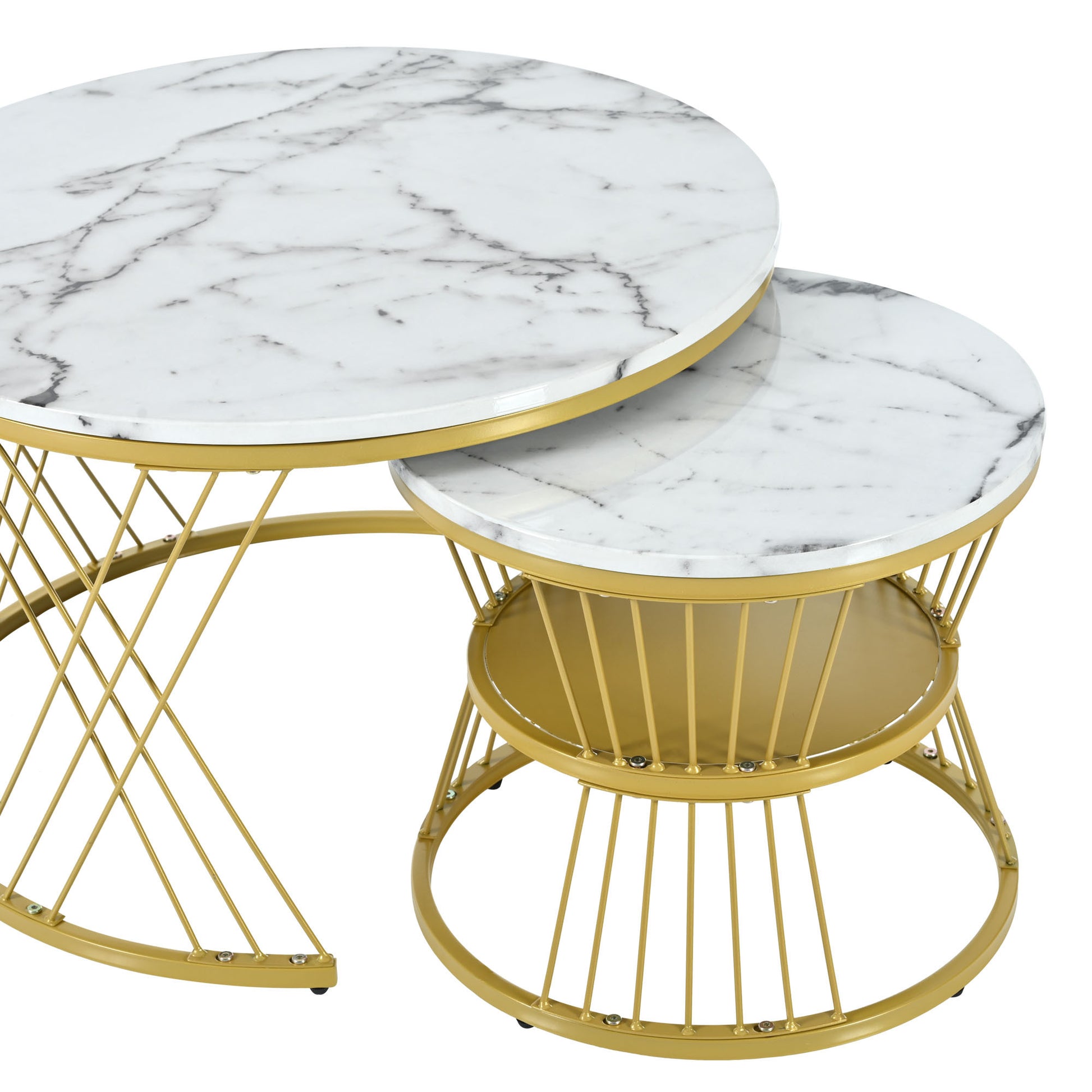 27.5'' & 17.7'' Nesting Coffee Table With Marble Grain Table Top, Golden Iron Frame Round Coffee Table, Set Of 2, For Living Room, Balcony, White White Gold Primary Living Space Mdf Iron