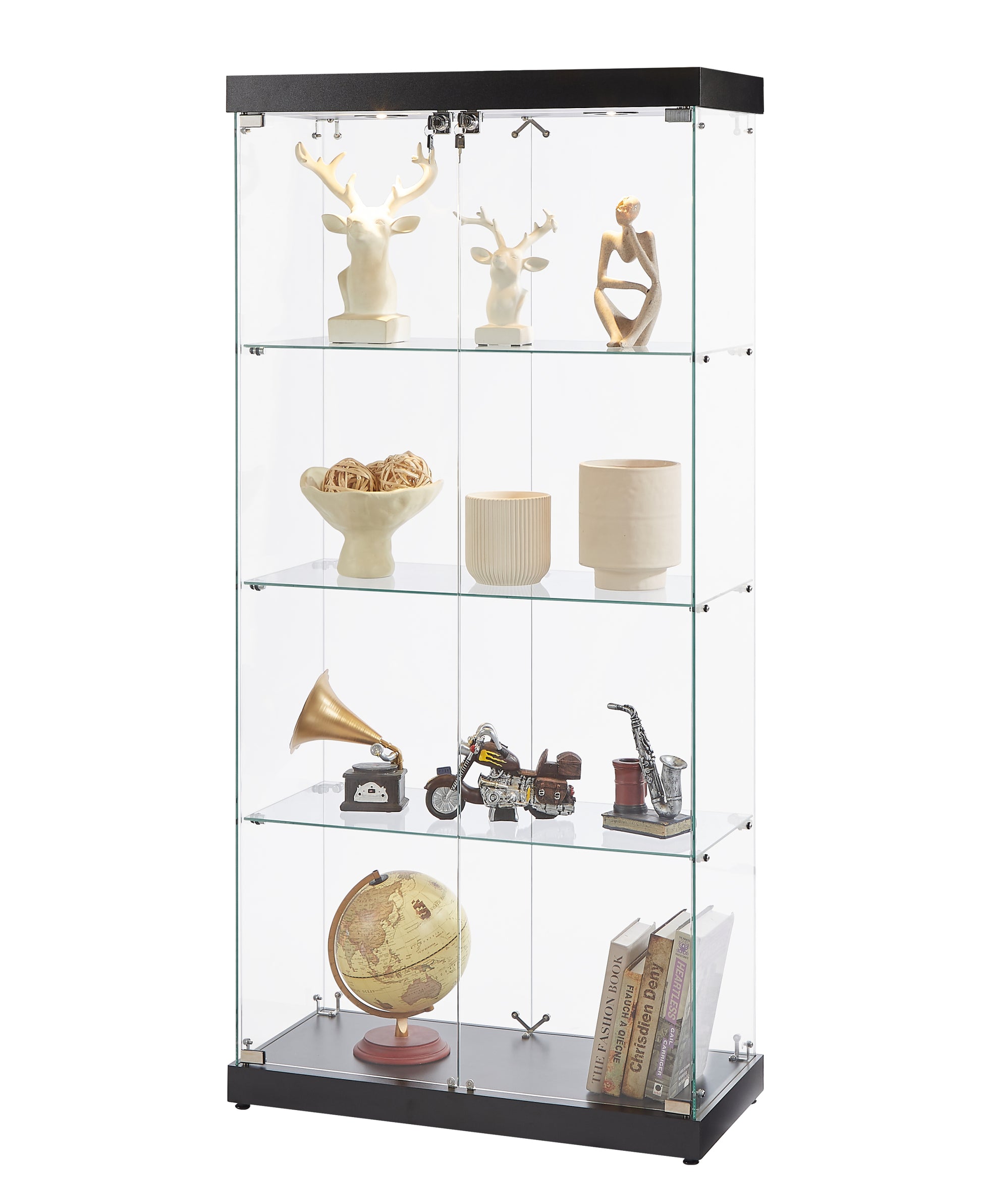 4 Tier Glass Display Cabinet, Double Door Glass Cabinet, Four Partitions, Two Locks, Floor Standing Storage Cabinet For Living Room, Bedroom, Showroom And Office, Black, 31.5"L X 14.2"W X 66.3"H Black Glass