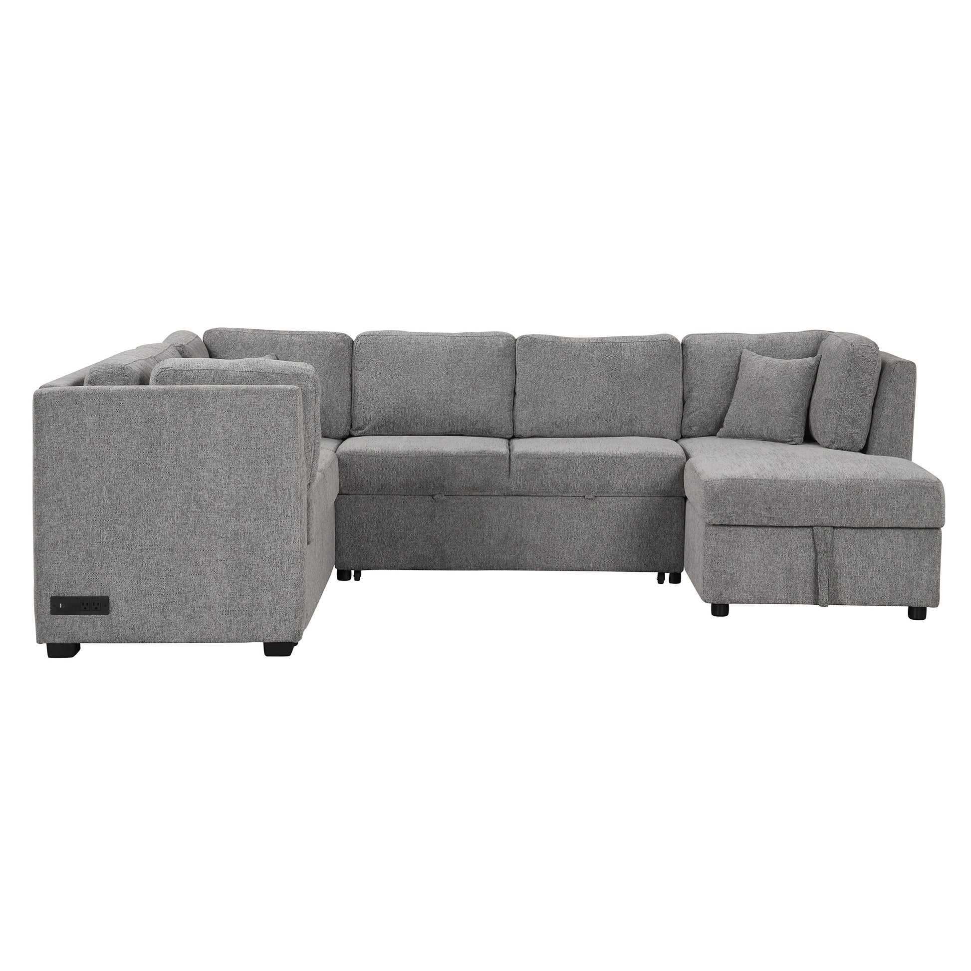 108.6" U Shaped Sectional Sofa Pull Out Sofa Bed With Two Usb Ports, Two Power Sockets, Three Back Pillows And A Storage Chaise For Living Room, Light Gray Light Gray Foam Chenille 5 Seat