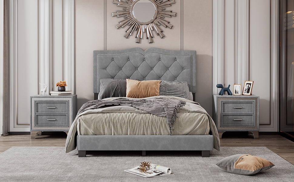 Full Size Upholstered Bed Frame With Rivet Design, Modern Velvet Platform Bed With Tufted Headboard,Gray Gray Velvet