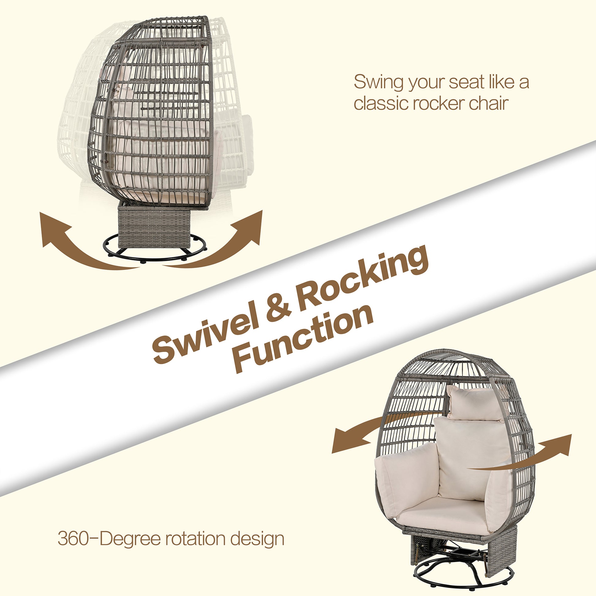 Outdoor Swivel Chair With Cushions, Rattan Egg Patio Chair With Rocking Function For Balcony, Poolside And Garden Grey Wicker Beige Cushion Beige Grey Wicker