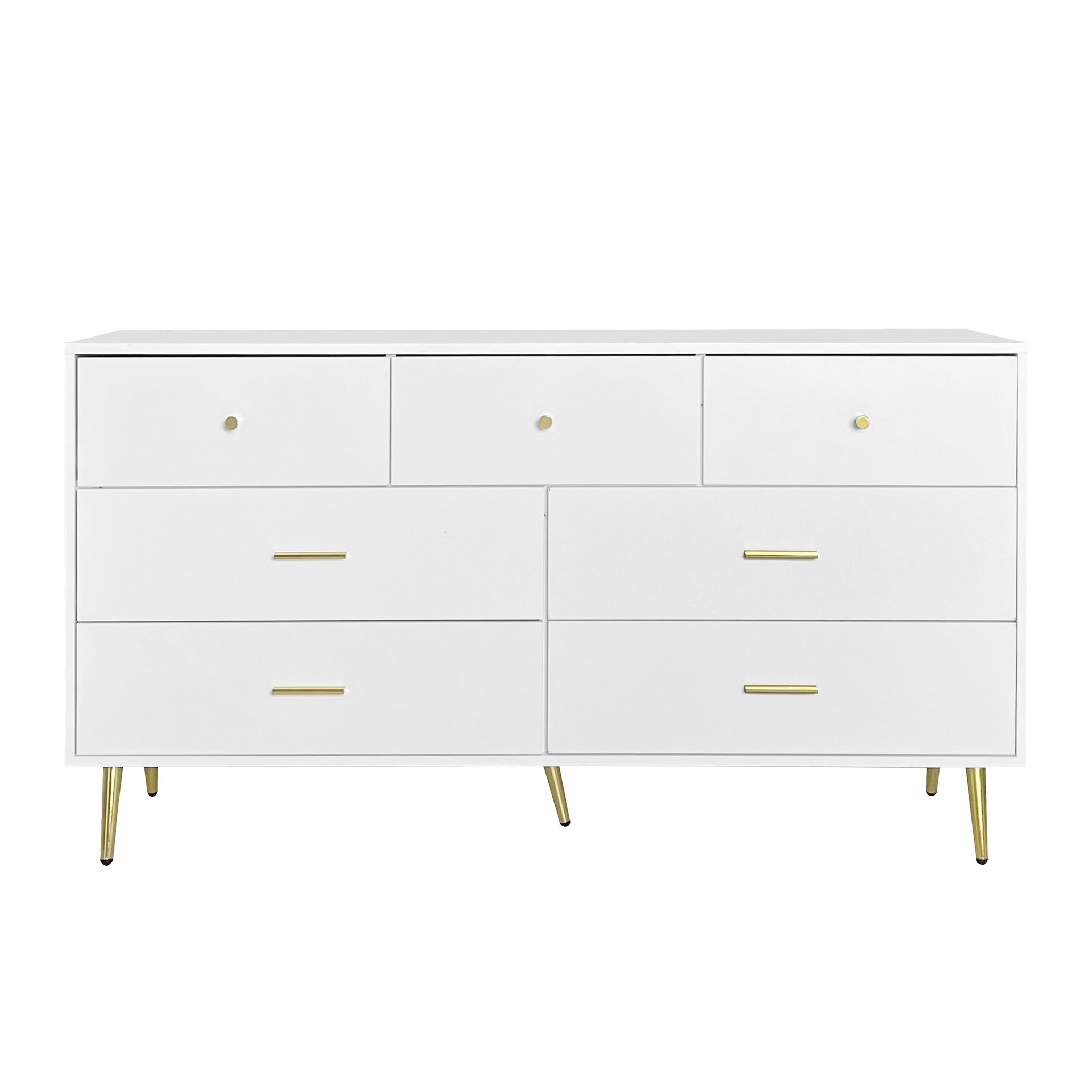 Seven Drawers Large Chest Of Drawer Cabinet With Golden Handle And Golden Legs White Color Matte White Particle Board