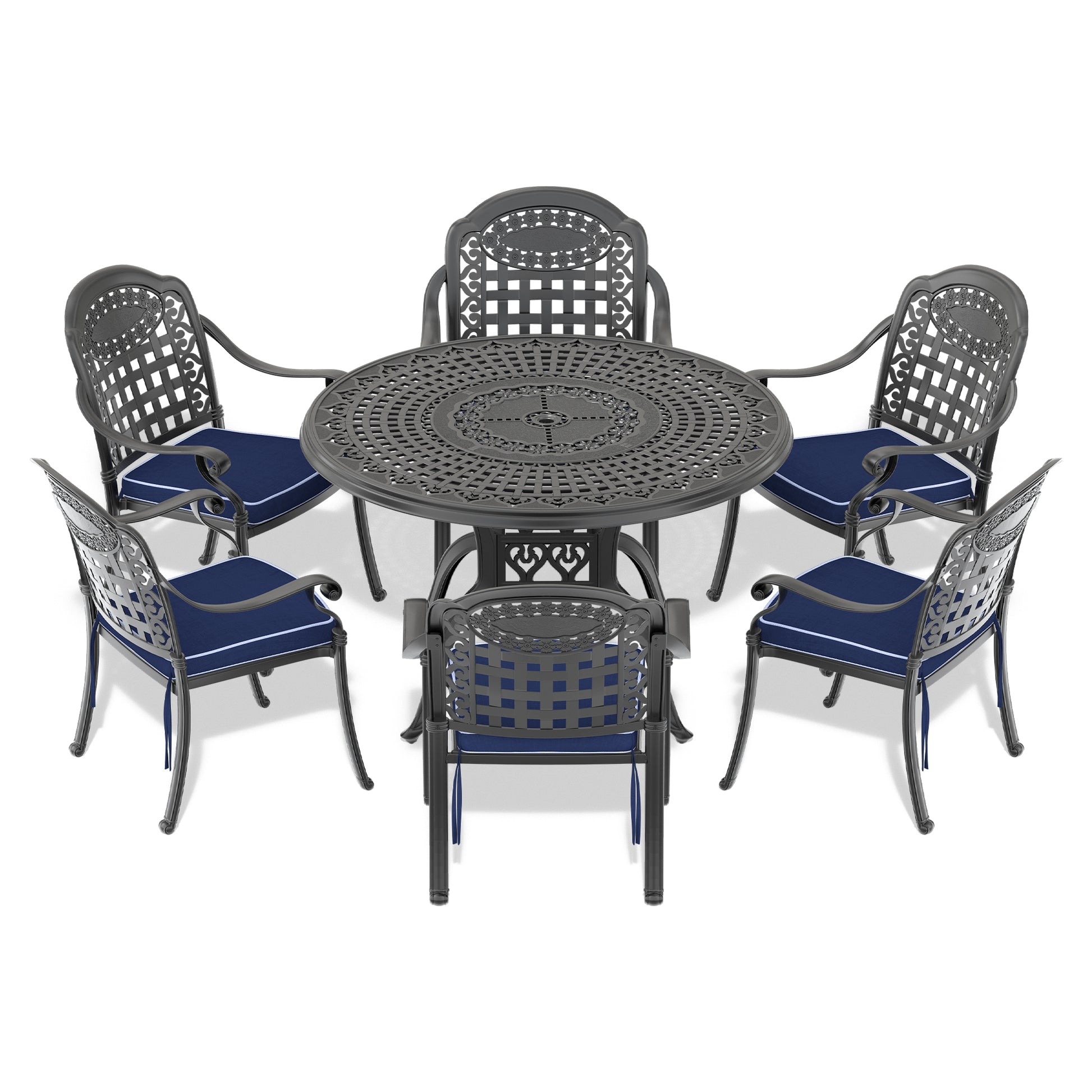 Cushions In Random Colors 7 Piece Set Of Cast Aluminum Patio Furniture With Cushions Yes Complete Patio Set Black Seats 6 Rust Resistant Frame Water Resistant Cushion Garden & Outdoor Complete Patio Sets Aluminium