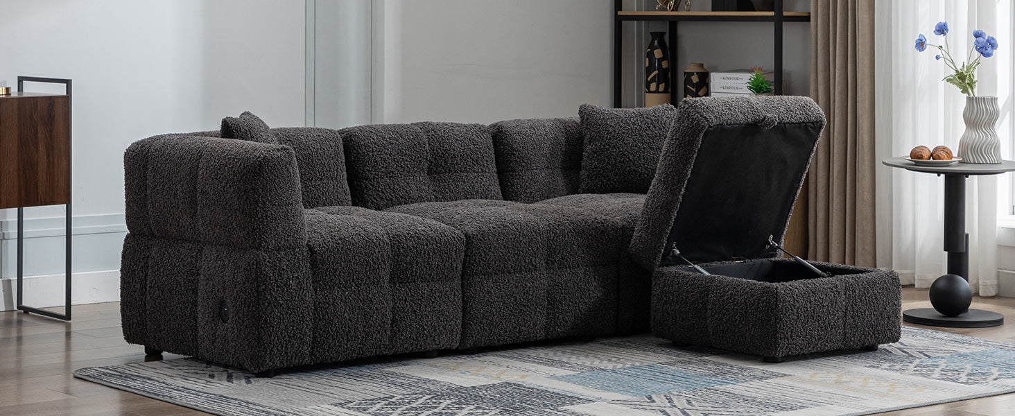 87.7" Sectional Sofa Cozy Teddy Fleece Fabric Sectional Sofa Couch With Two Usb Ports A Movable Storage Ottoman And Two Lumbar Pillows For Living Room, Gray Gray Foam Teddy 4 Seat