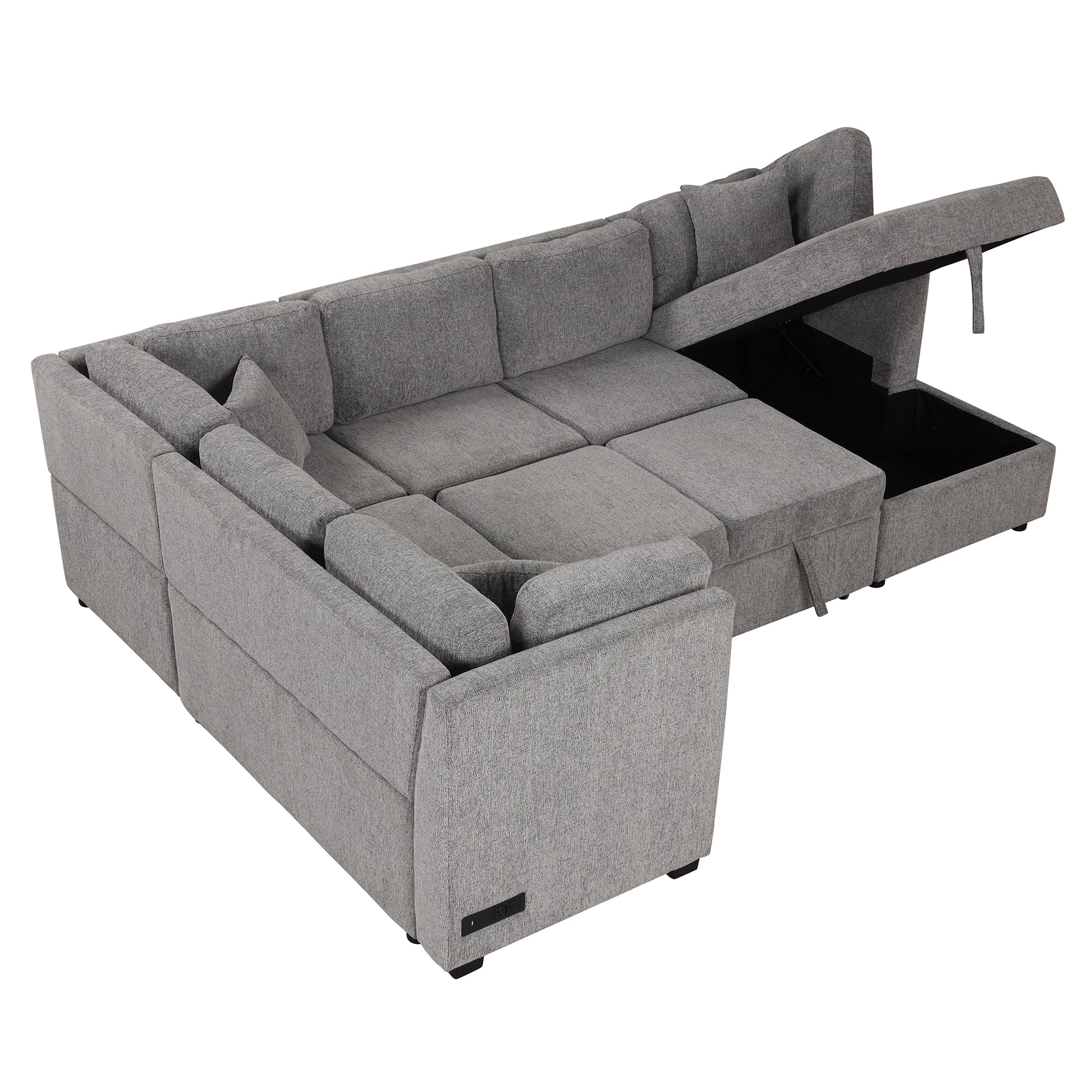 108.6" U Shaped Sectional Sofa Pull Out Sofa Bed With Two Usb Ports, Two Power Sockets, Three Back Pillows And A Storage Chaise For Living Room, Light Gray Light Gray Foam Chenille 5 Seat