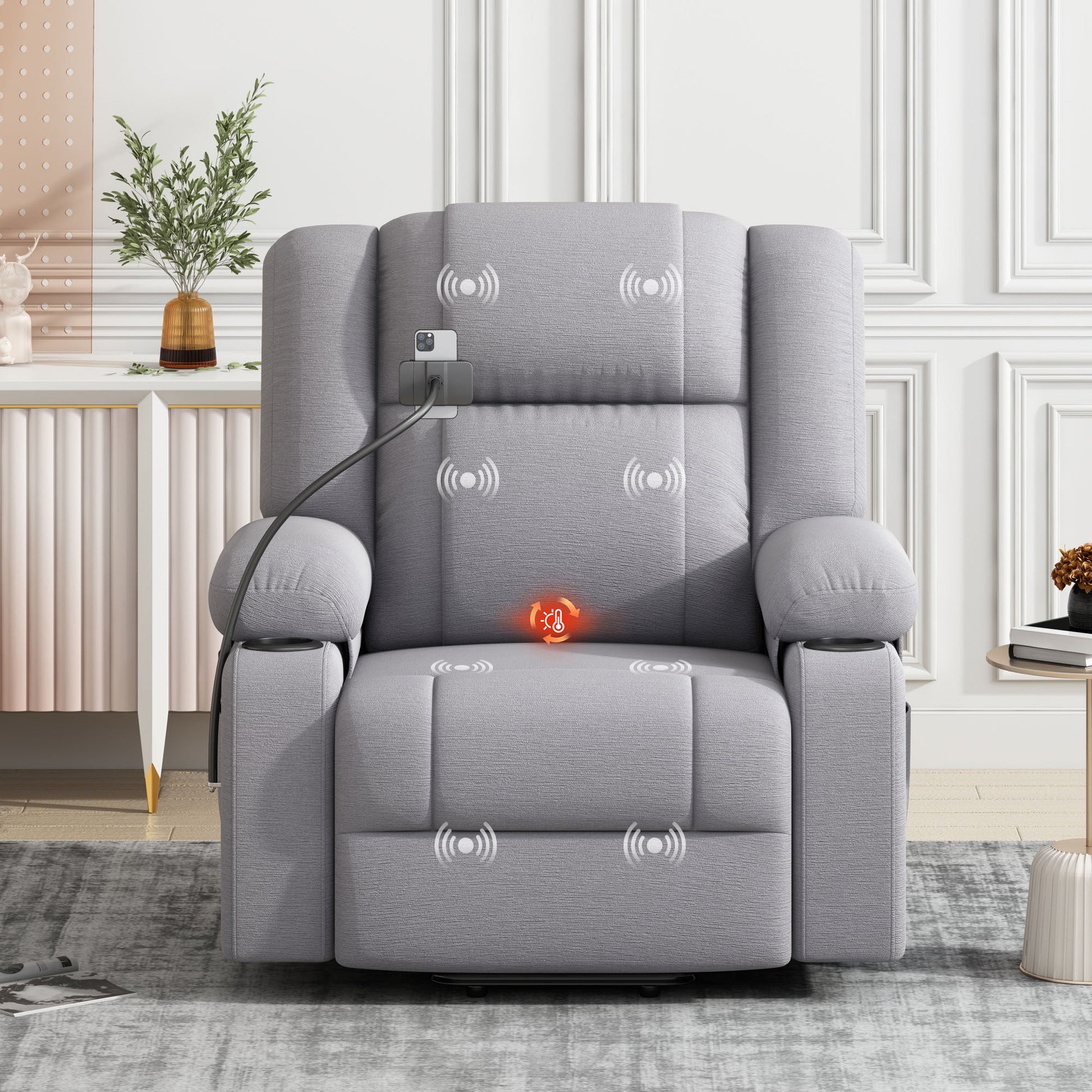 Power Lift Recliner Chair Electric Recliner For Elderly Recliner Chair With Massage And Heating Functions, Remote, Phone Holder Side Pockets And Cup Holders For Living Room, Grey Grey Foam Chenille