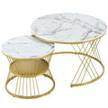 27.5'' & 17.7'' Nesting Coffee Table With Marble Grain Table Top, Golden Iron Frame Round Coffee Table, Set Of 2, For Living Room, Balcony, White White Gold Primary Living Space Mdf Iron