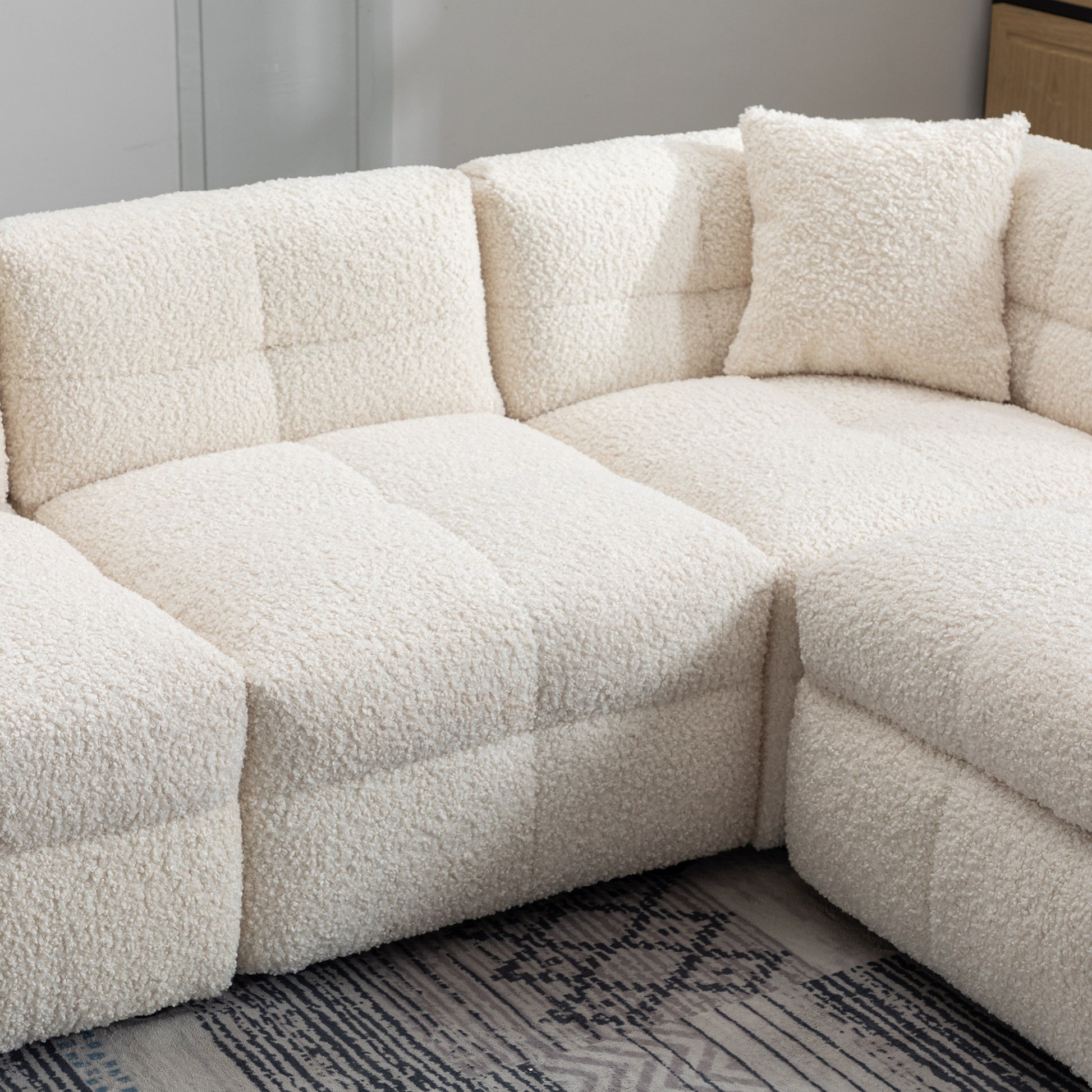 87.7" Sectional Sofa Cozy Teddy Fleece Fabric Sectional Sofa Couch With Two Usb Ports A Movable Storage Ottoman And Two Lumbar Pillows For Living Room, Creamy White Creamy White Foam Teddy