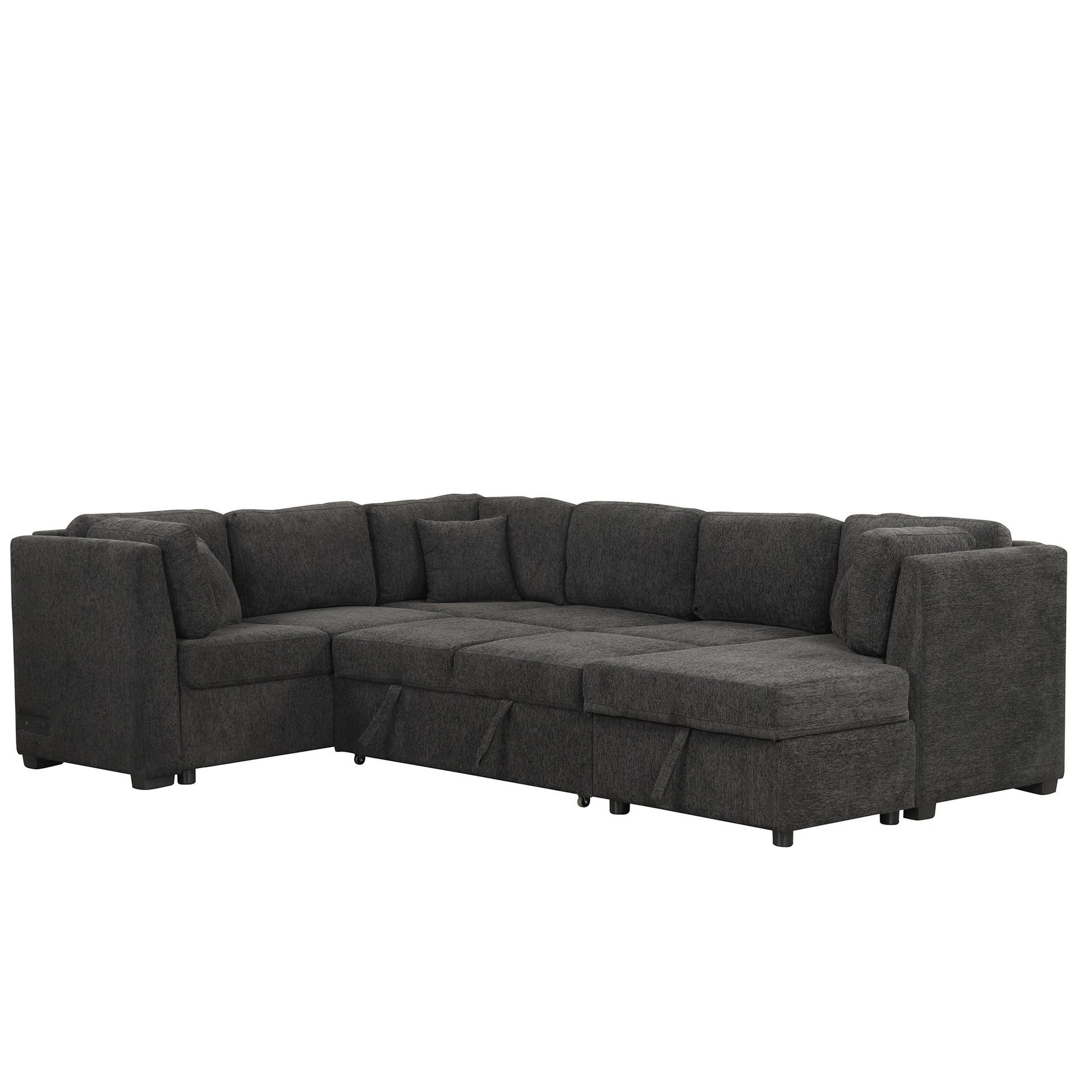 108.6" U Shaped Sectional Sofa Pull Out Sofa Bed With Two Usb Ports, Two Power Sockets, Three Back Pillows And A Storage Chaise For Living Room, Black Black Foam Chenille 5 Seat