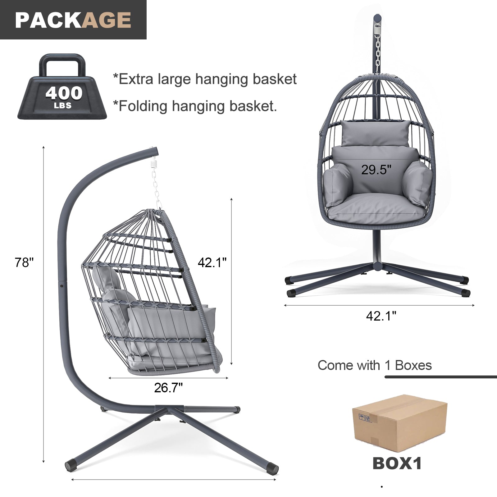 Patio Foldable Hanging Swing Chair With Stand Gray Color Yes Gray Foam Steel
