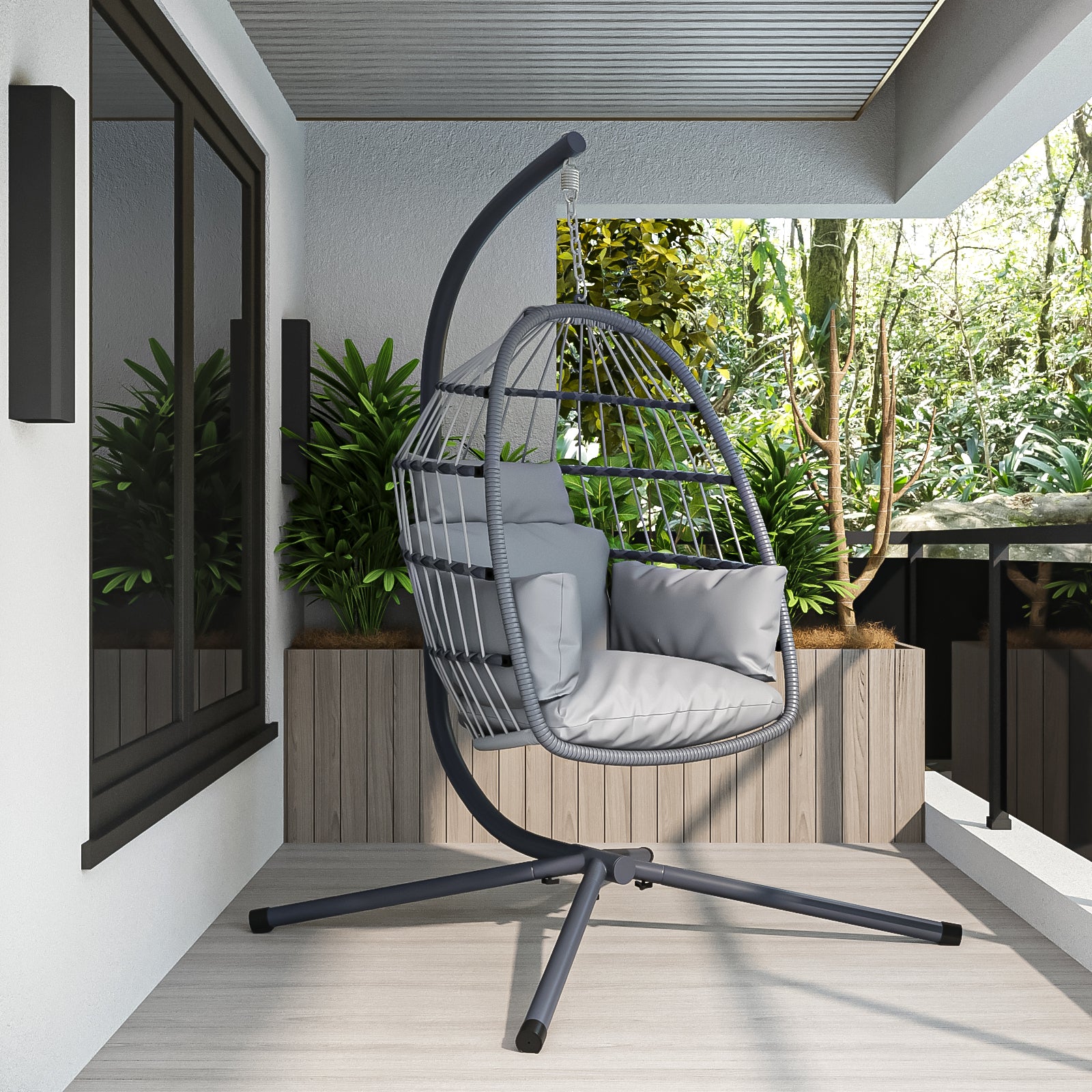 Patio Foldable Hanging Swing Chair With Stand Gray Color Yes Gray Foam Steel