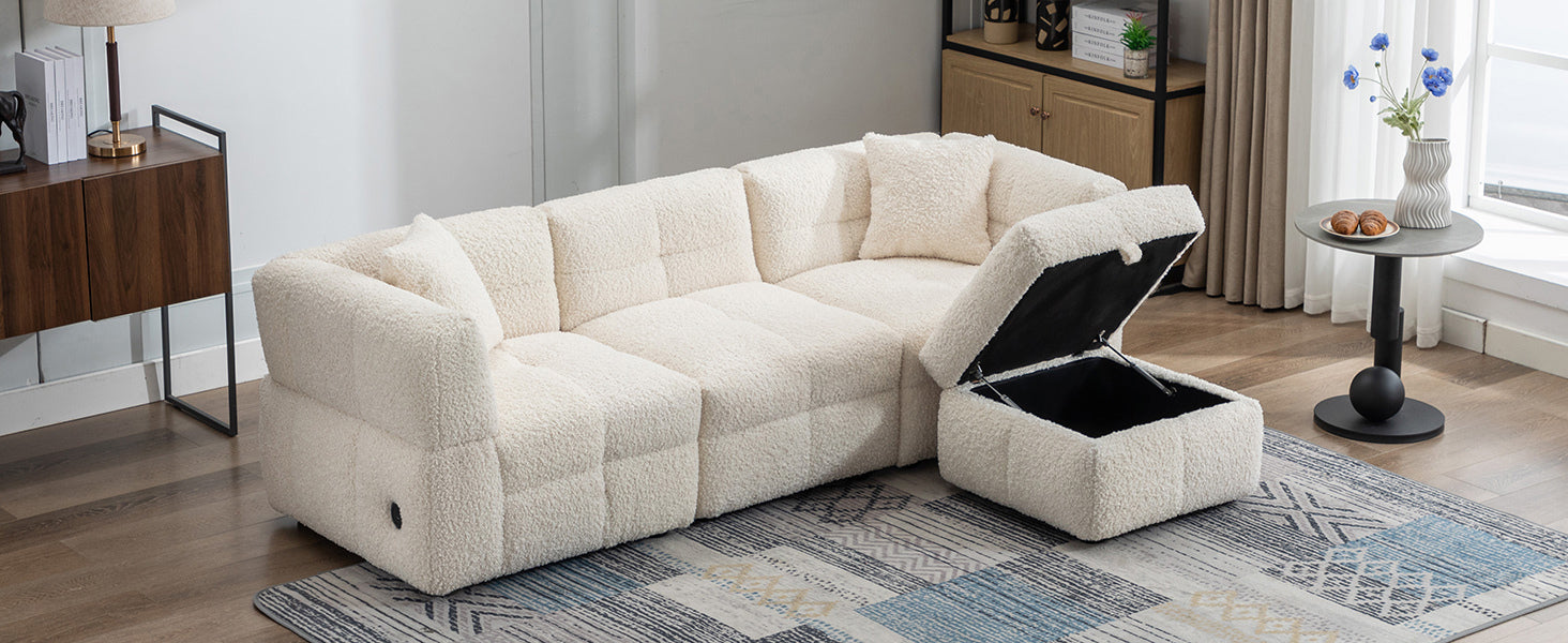 87.7" Sectional Sofa Cozy Teddy Fleece Fabric Sectional Sofa Couch With Two Usb Ports A Movable Storage Ottoman And Two Lumbar Pillows For Living Room, Creamy White Creamy White Foam Teddy