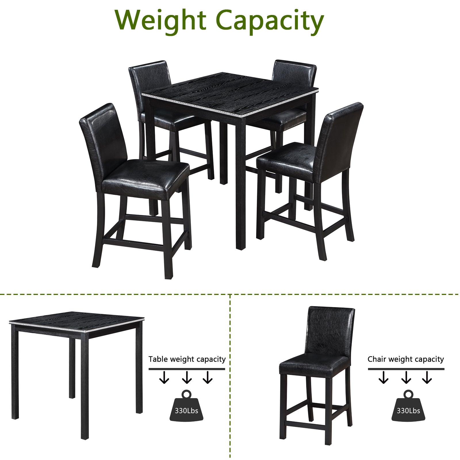 5 Piece Counter Height Table Set, Wooden Kitchen Table Set With Square Table And 4 Upholstered Chairs, Counter Height Dining Table With Crystal Decoration And Chair Set For Kitchen, Dining Room,Black Black Seats 4 Dining Room 4 Leg Square Dining Table
