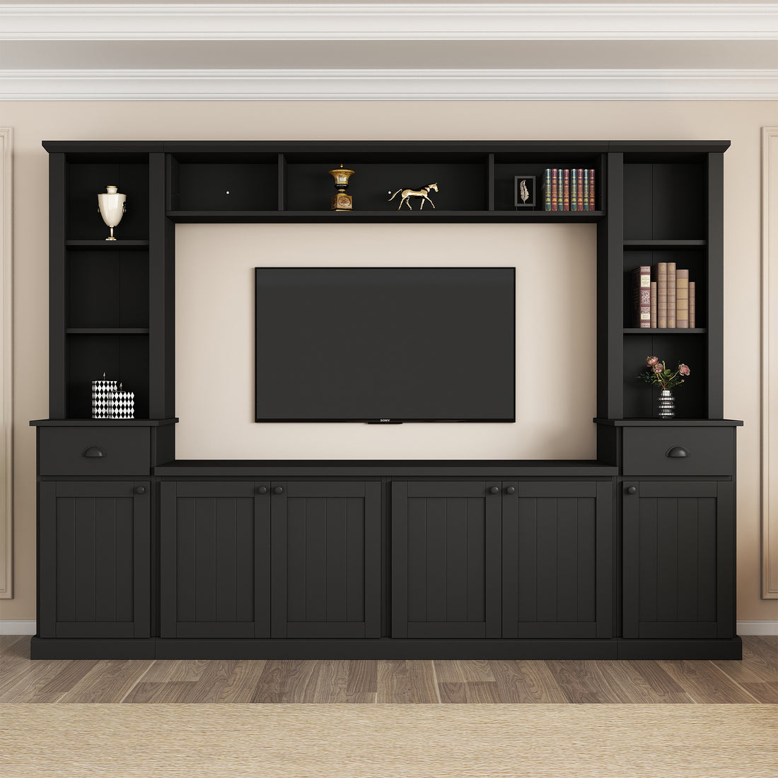 Minimalist Entertainment Wall Unit Set With Bridge For Tvs Up To 75'', Large Storage Space Tv Stand With Adjustable Shelves, Modernist Large Media Console For Living Room, Black Black Primary Living Space 70 79 Inches 70 79 Inches 75 Inches Particle