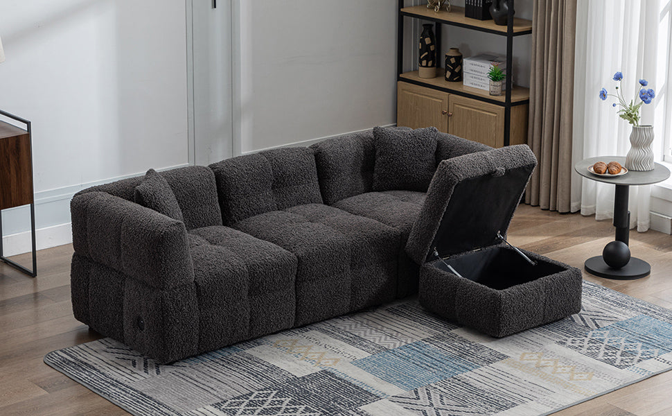 87.7" Sectional Sofa Cozy Teddy Fleece Fabric Sectional Sofa Couch With Two Usb Ports A Movable Storage Ottoman And Two Lumbar Pillows For Living Room, Gray Gray Foam Teddy 4 Seat