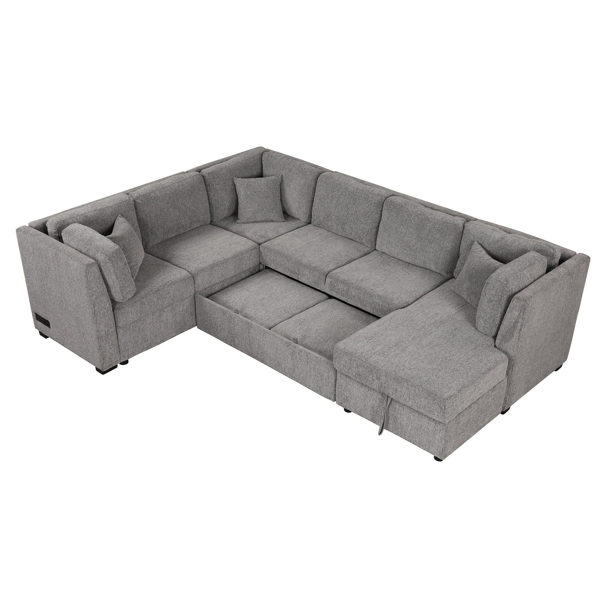 108.6" U Shaped Sectional Sofa Pull Out Sofa Bed With Two Usb Ports, Two Power Sockets, Three Back Pillows And A Storage Chaise For Living Room, Light Gray Light Gray Foam Chenille 5 Seat