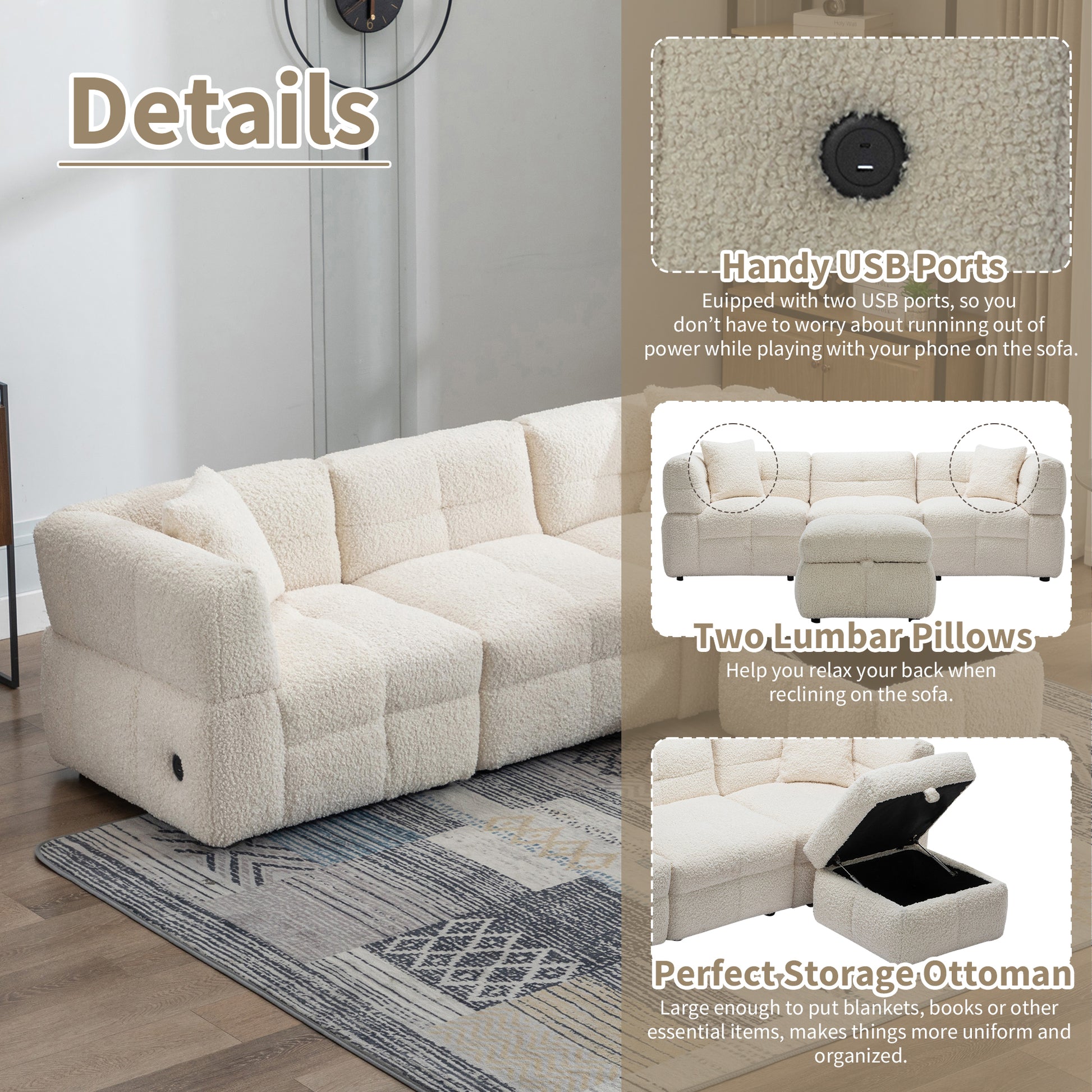 87.7" Sectional Sofa Cozy Teddy Fleece Fabric Sectional Sofa Couch With Two Usb Ports A Movable Storage Ottoman And Two Lumbar Pillows For Living Room, Creamy White Creamy White Foam Teddy