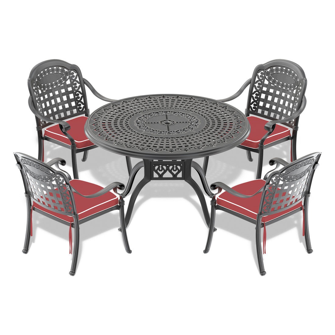 Cushions In Random Colors 5 Piece Set Of Cast Aluminum Patio Furniture With Cushions Yes Dining Set Black Seats 4 Rust Resistant Frame Water Resistant Cushion Garden & Outdoor Complete Patio Sets Aluminium